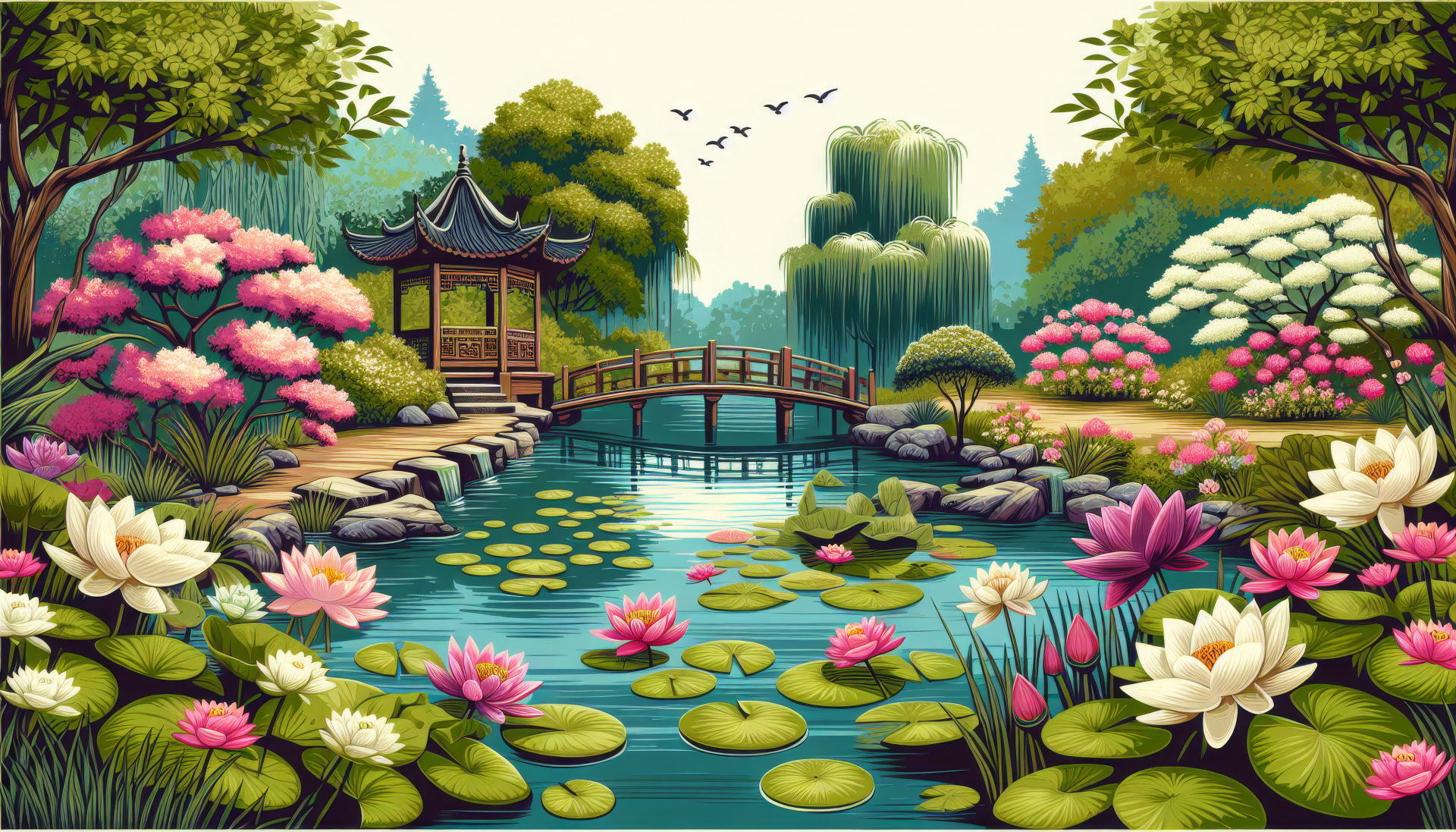 A serene water garden featuring lush greenery and tranquil water elements, designed as an HD desktop wallpaper and background. Enjoy this peaceful natural setting.