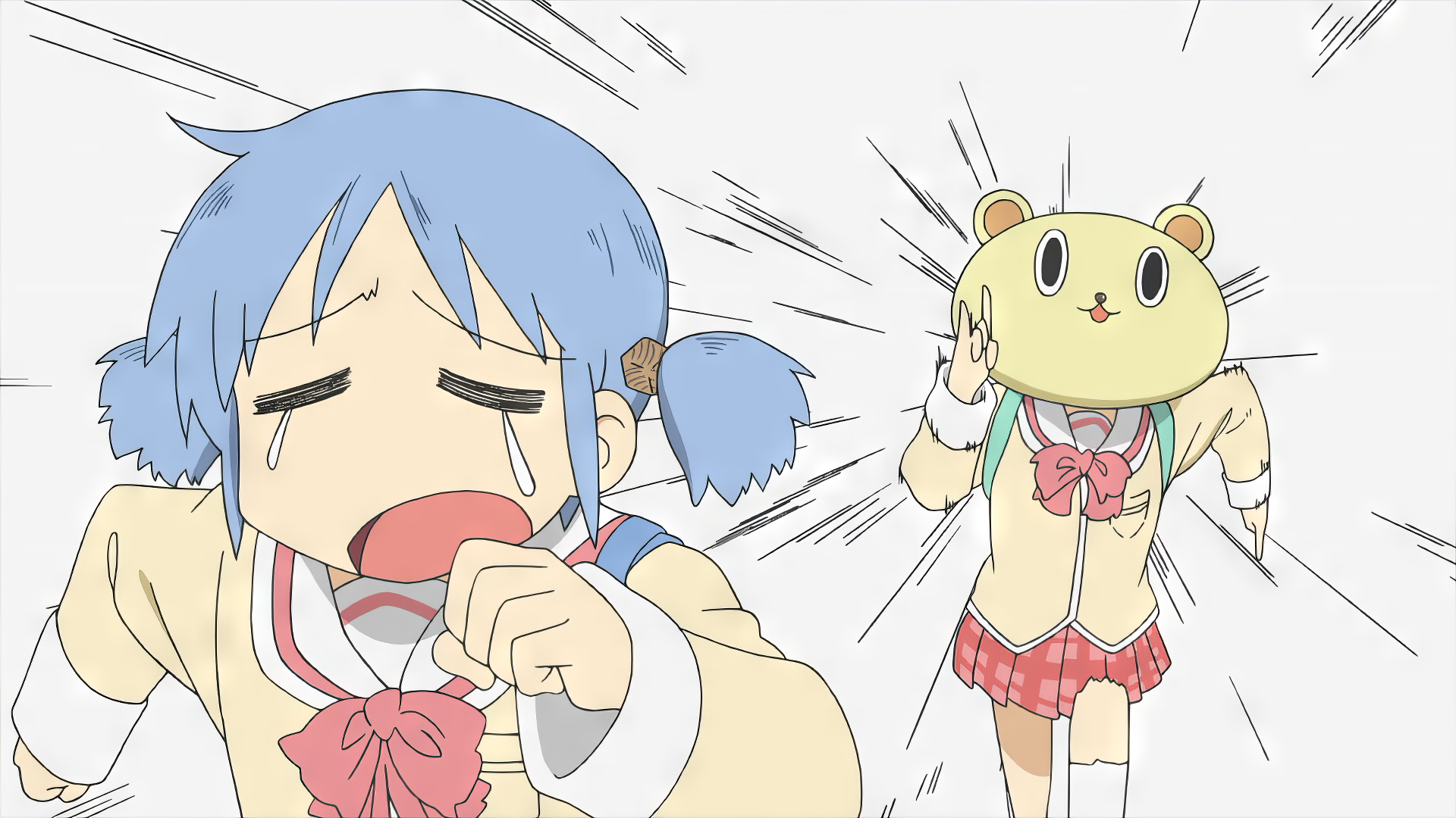A dynamic scene from Nichijō featuring Mio Naganohara in a school uniform, crying while being chased by a character with a bear head, creating a humorous and lively anime atmosphere.