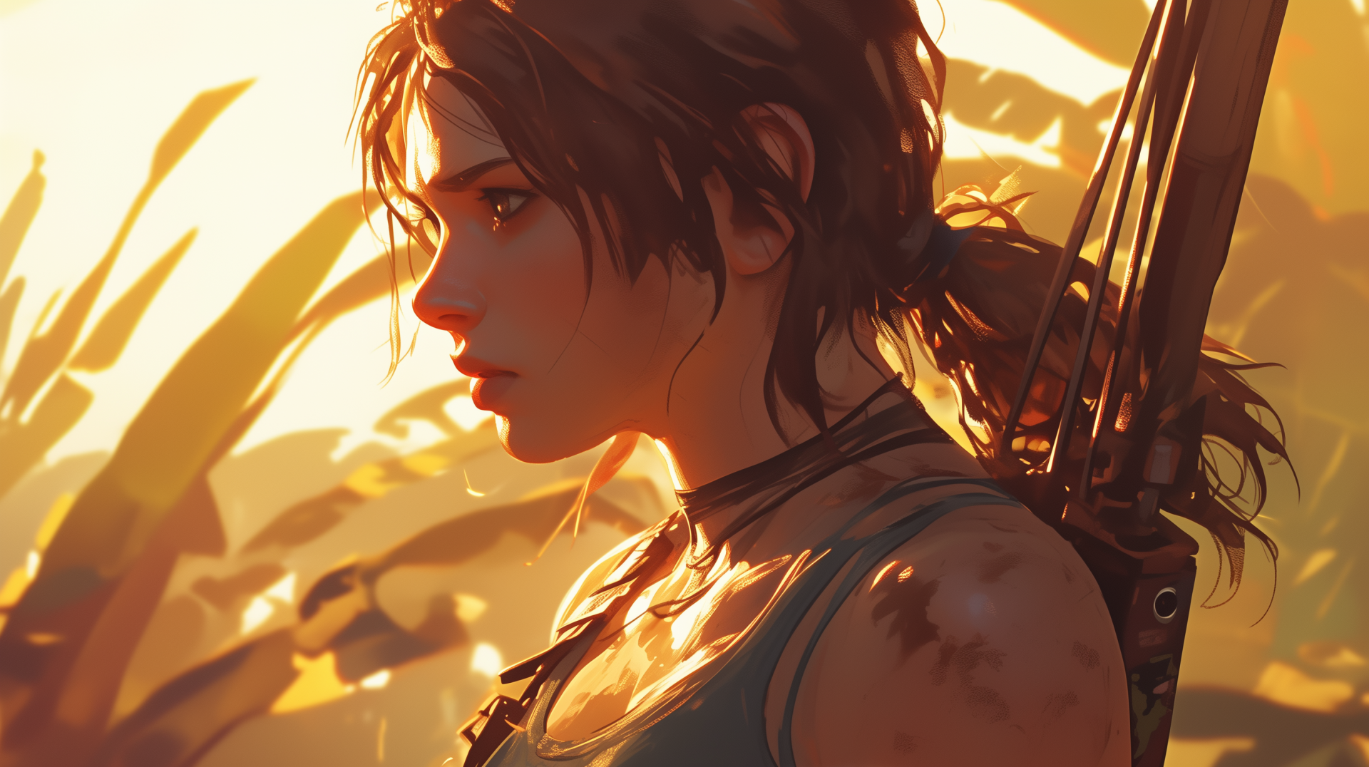 HD wallpaper featuring Lara Croft from Tomb Raider, showcasing her profile against a vibrant sunset with lush foliage, highlighting her adventurous spirit.