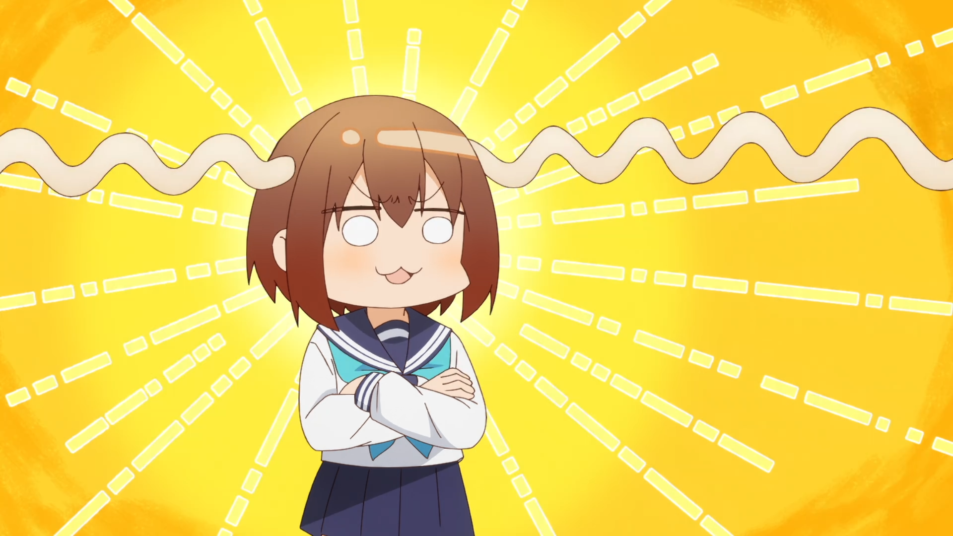 Anime HD PC desktop wallpaper of My Deer Friend Nokotan (Noko Shikanoko): chibi schoolgirl in a sailor uniform, arms crossed with a goofy grin against a radiating yellow sunburst and wavy stripe.