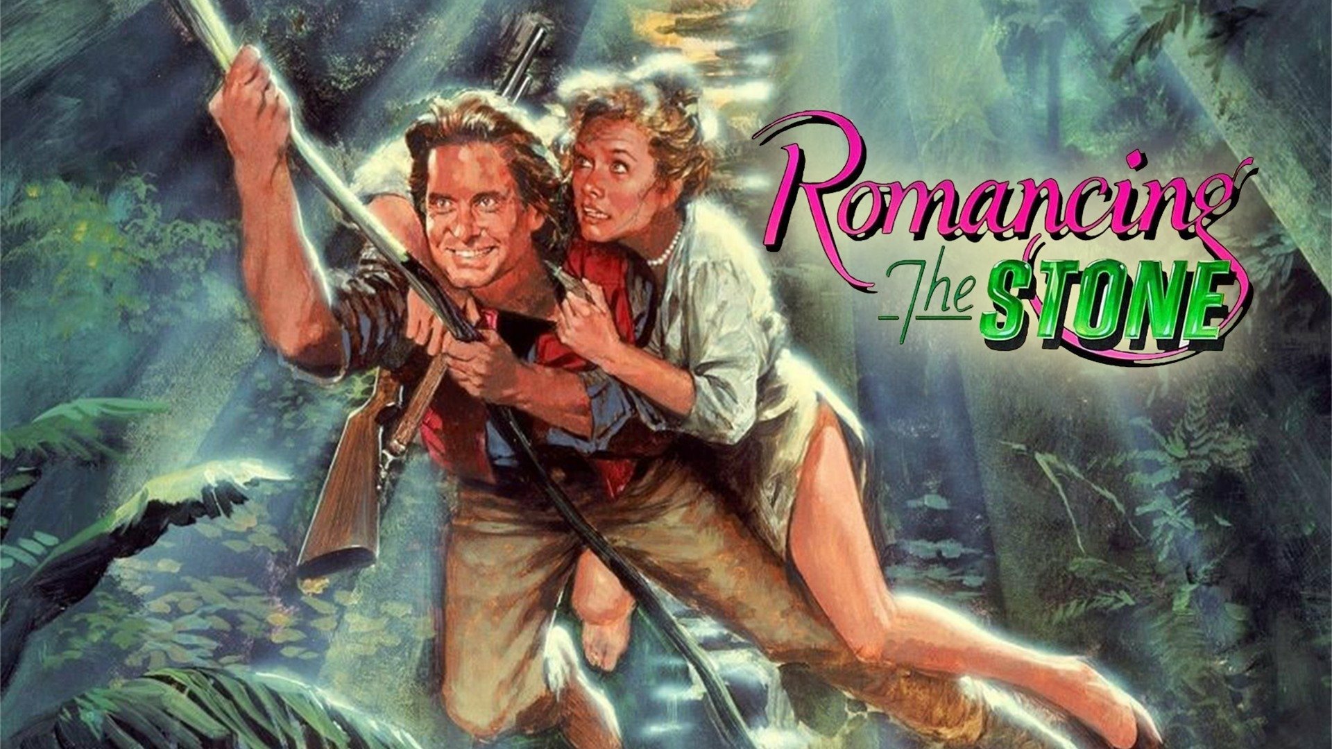 Romancing the Stone HD PC desktop wallpaper: painted jungle scene of a man and woman swinging on a vine, man with rifle, film logo at top right.