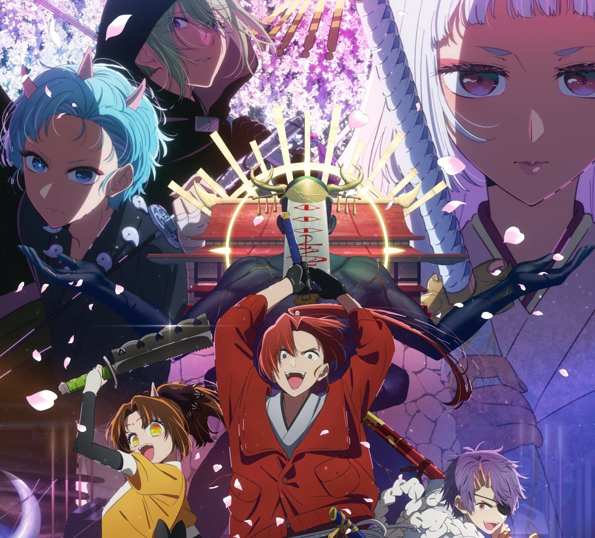 HD PC desktop wallpaper featuring vibrant anime characters from Oshi no Ko with dynamic poses and a glowing shrine backdrop.