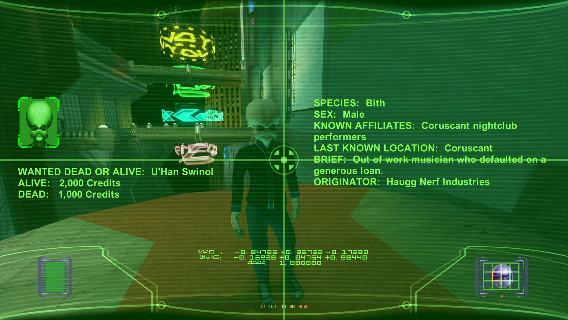 A high-definition wallpaper from the video game Star Wars: Bounty Hunter, featuring a Bith character with mission details overlayed in a green targeting interface.