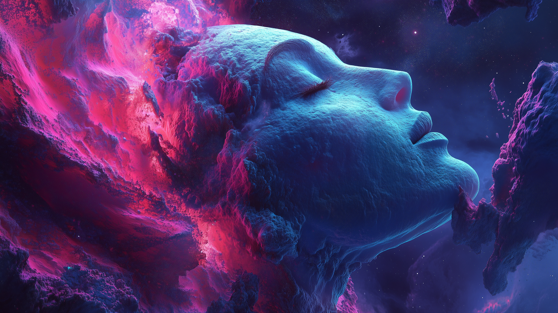 Abstract surreal portrait featuring a serene blue face merging with vibrant pink cosmic clouds, designed as a high-definition PC desktop wallpaper and background.
