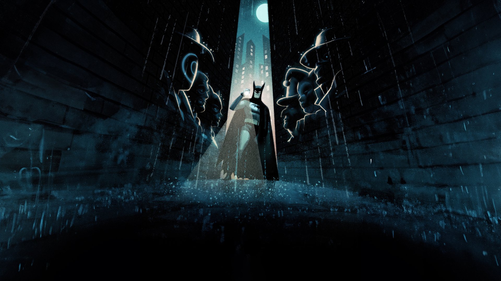 Batman stands in a dark, rain-soaked alley beneath glowing Gotham skyscrapers in this 4K Ultra HD PC desktop wallpaper from Batman: Caped Crusader.
