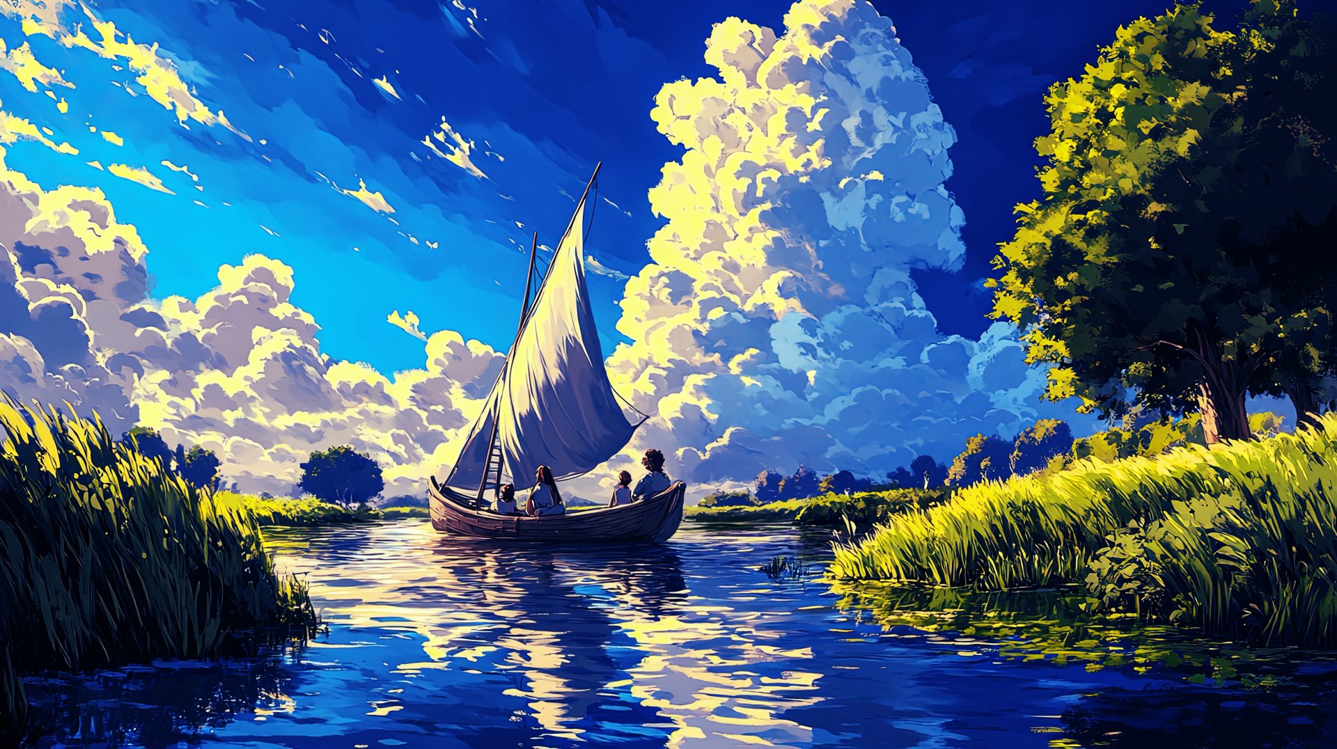An 8K Ultra HD anime landscape depicting a sailboat with two figures gliding across a reflective river under a vivid blue sky with towering clouds and lush greenery.
