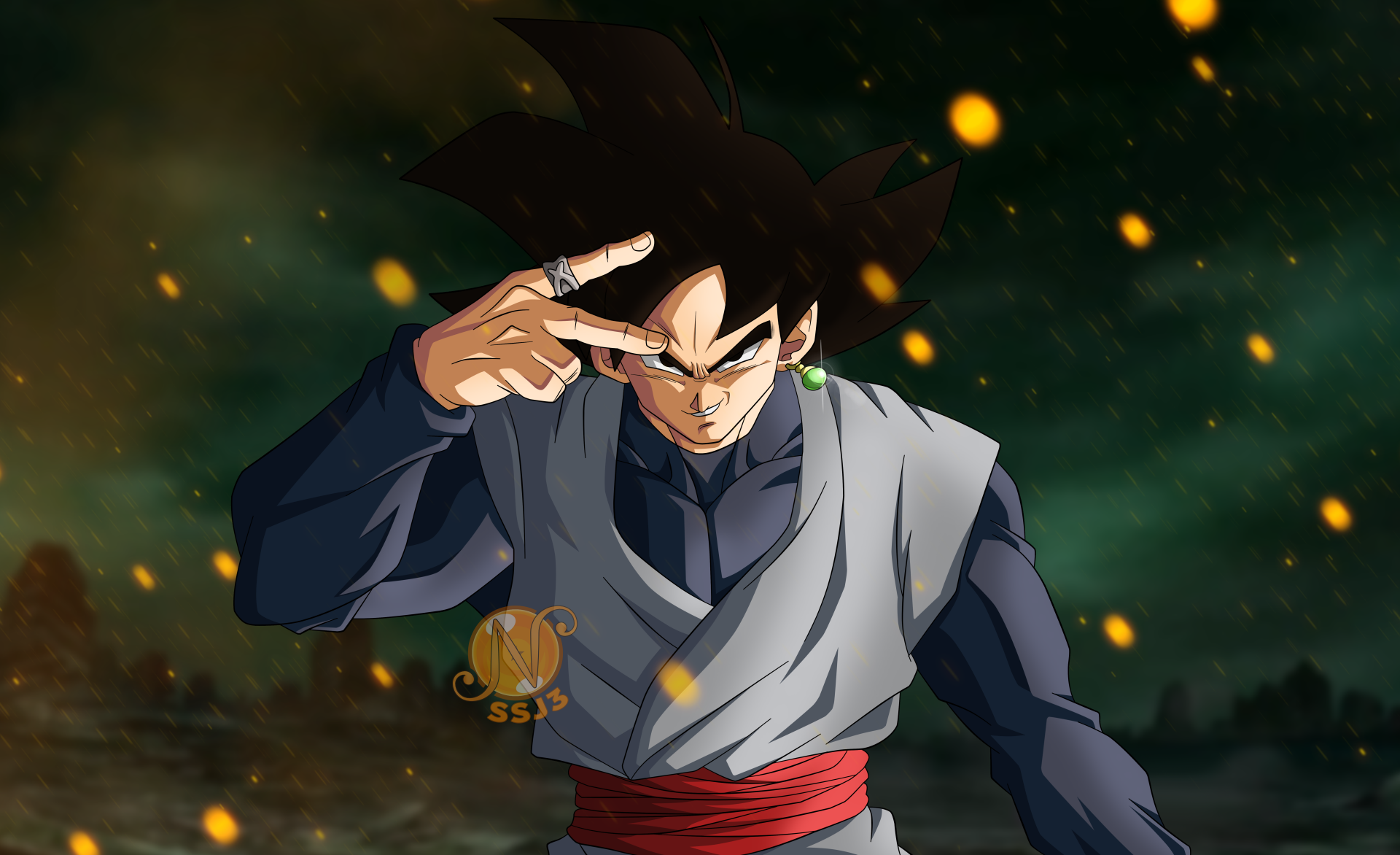 Black Goku stands confidently with a dark aura in this vivid 8K Ultra HD PC desktop wallpaper, surrounded by glowing embers against a smoky background.