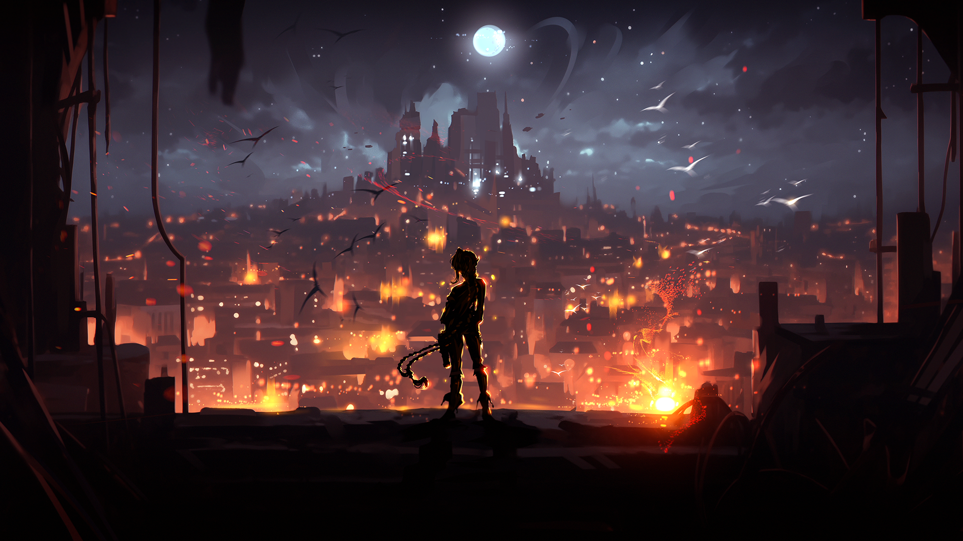 HD PC desktop wallpaper featuring Jinx from League of Legends standing against a fiery, burning cityscape under a moonlit sky.