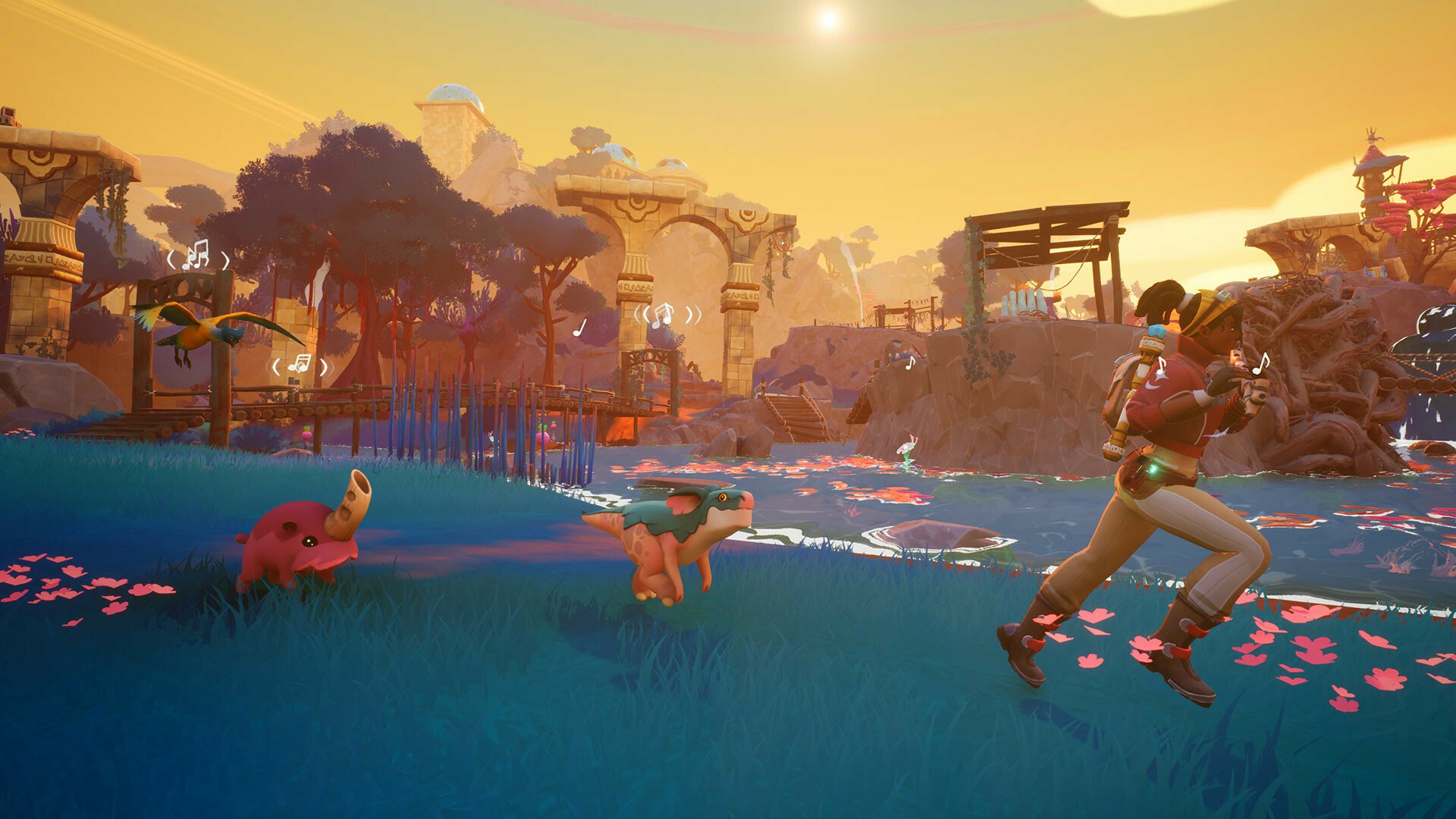 A vibrant HD wallpaper from the video game Creatures of Ava, featuring a character running through a lush landscape with colorful creatures under a warm sunset.