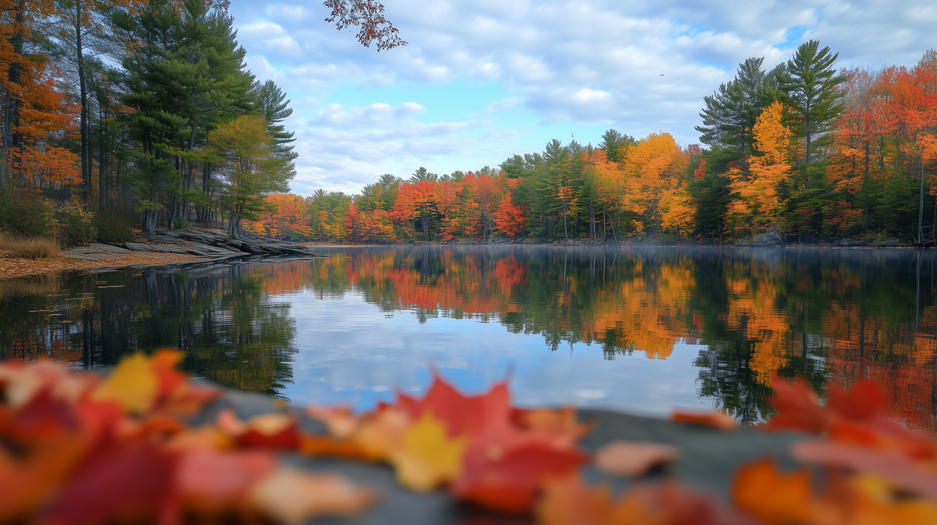 A serene lake scene showcasing vibrant fall foliage, capturing the essence of autumn weather. This HD wallpaper brings the beauty of fall to your desktop.