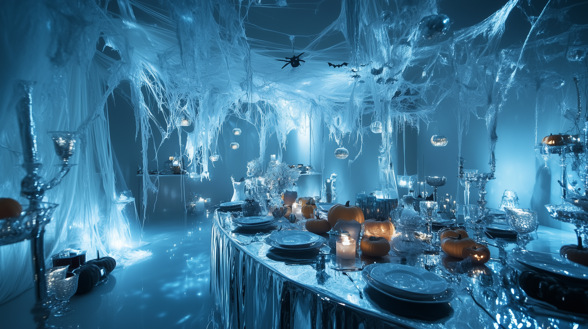 A hauntingly beautiful Halloween party scene with a spider-webbed atmosphere, illuminated pumpkins, and elegant table settings, creating an eerie yet enchanting backdrop.