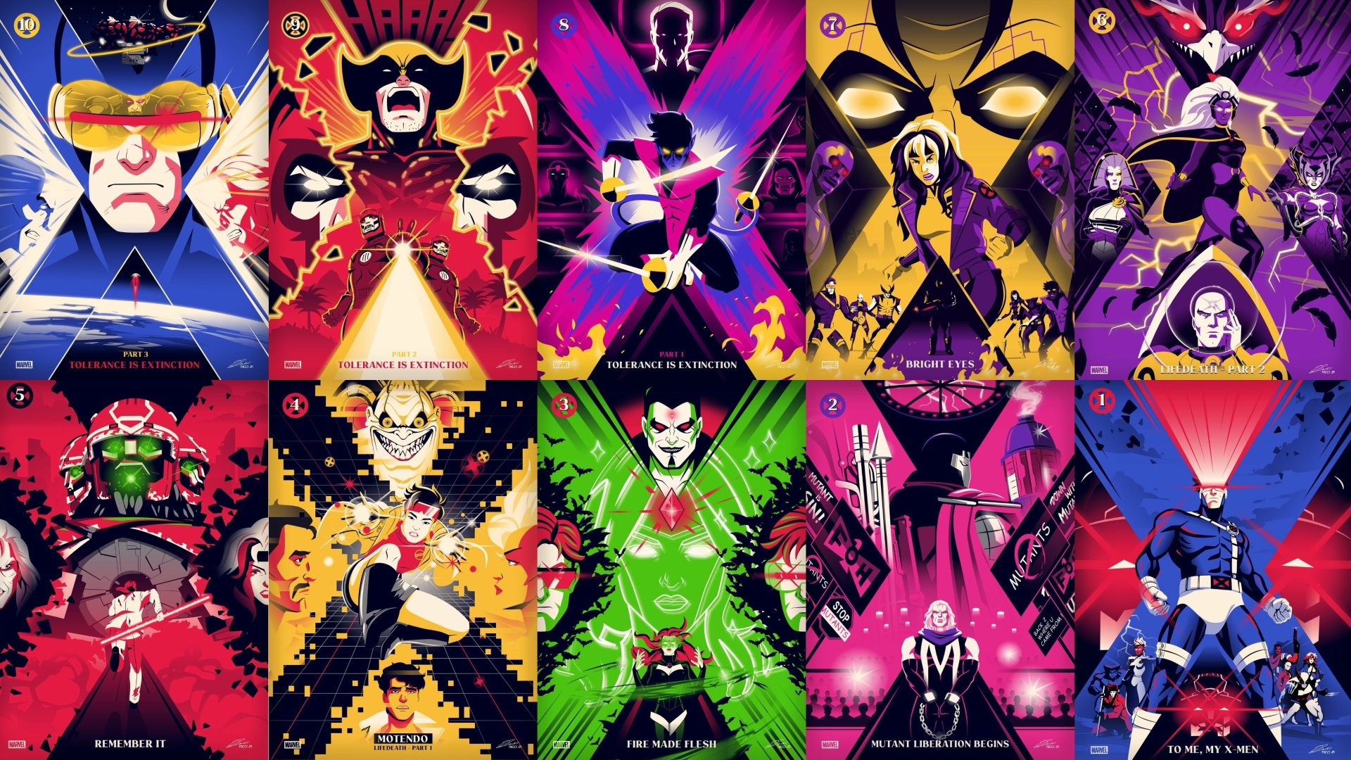 X-Men '97 4K Ultra HD PC desktop wallpaper: grid of vibrant, stylized character posters in neon red, purple, green and gold featuring multiple X‑Men and villains.