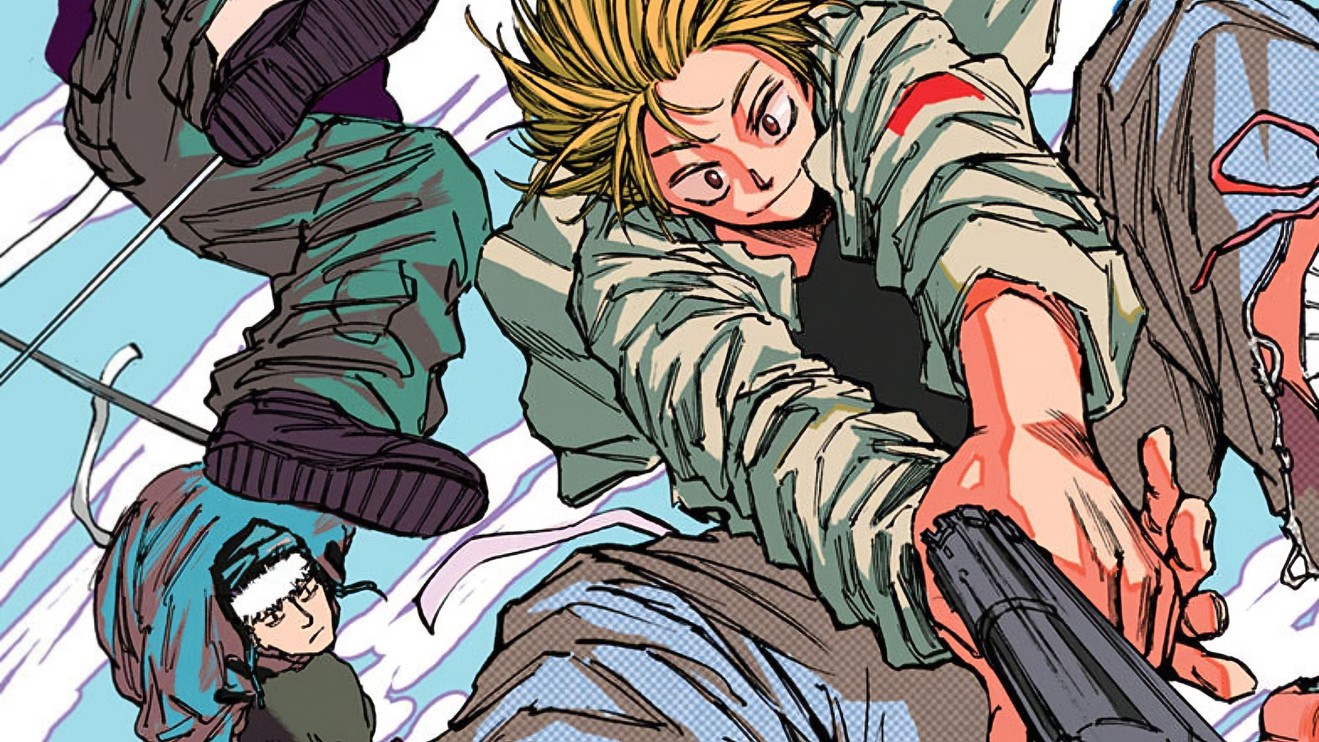 HD desktop wallpaper featuring characters from the anime and manga Sakamoto Days, highlighting Shin Asakura in an engaging and vibrant style.