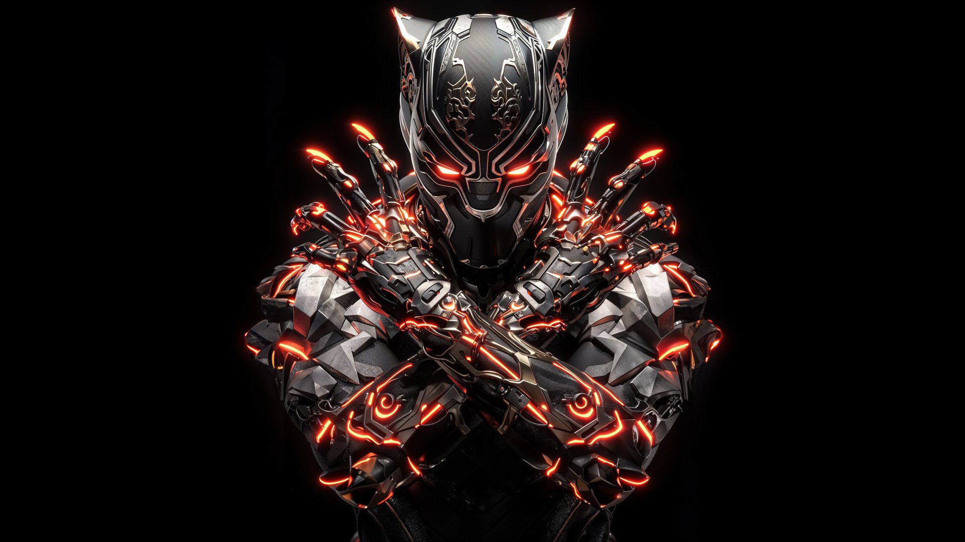 A striking HD wallpaper featuring Black Panther from Marvel Comics, showcasing the superhero in a dynamic pose with an intricately designed, glowing suit that highlights his powerful presence.