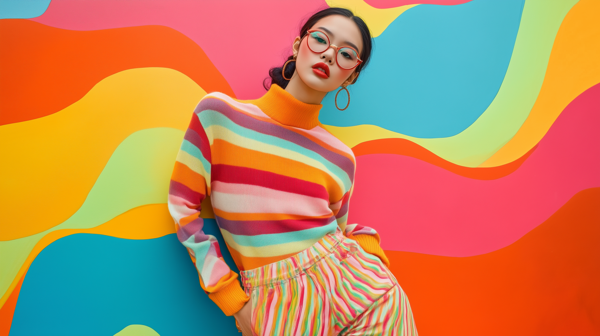 A woman showcases fall fashion in a vibrant striped sweater and pants against a colorful wave-patterned background, serving as a stylish HD desktop wallpaper.