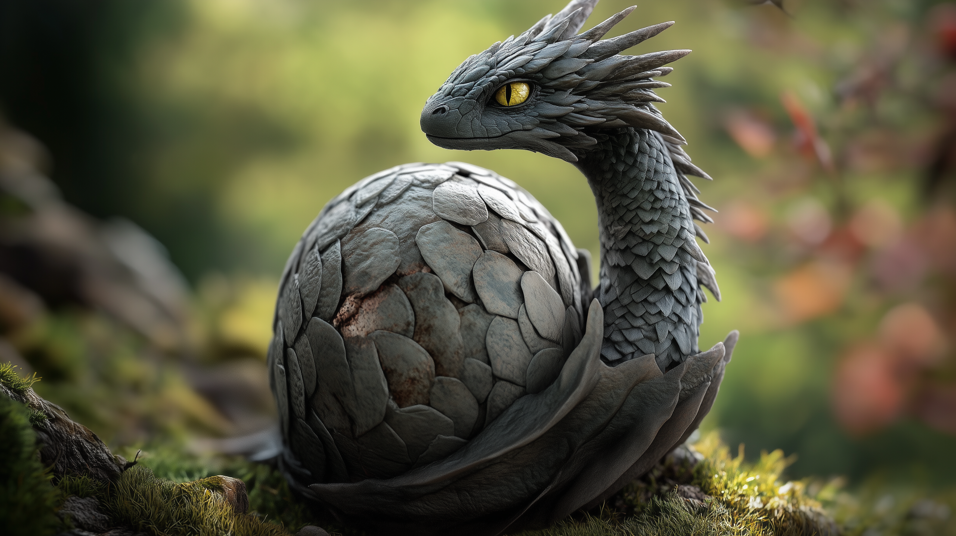 A striking fantasy scene features a dragon with intricate scales perched beside a beautifully textured dragon egg. This HD wallpaper brings a mystical atmosphere to any desktop background.