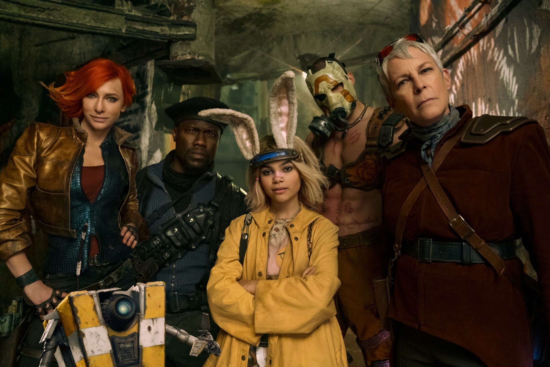 A vibrant HD wallpaper featuring characters from the movie Borderlands (2024). The ensemble showcases a mix of unique costumes and expressions against an adventurous backdrop.