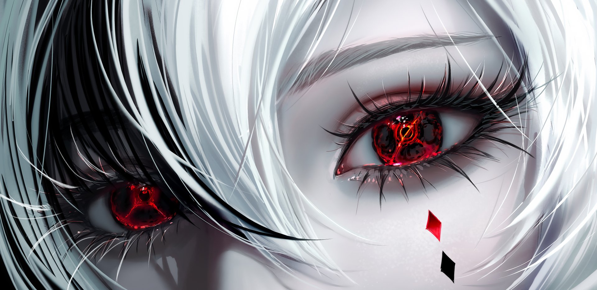 A striking HD wallpaper of Arlecchino from Genshin Impact, showcasing intense red eyes and intricate details, creating a captivating background for fans of the game.