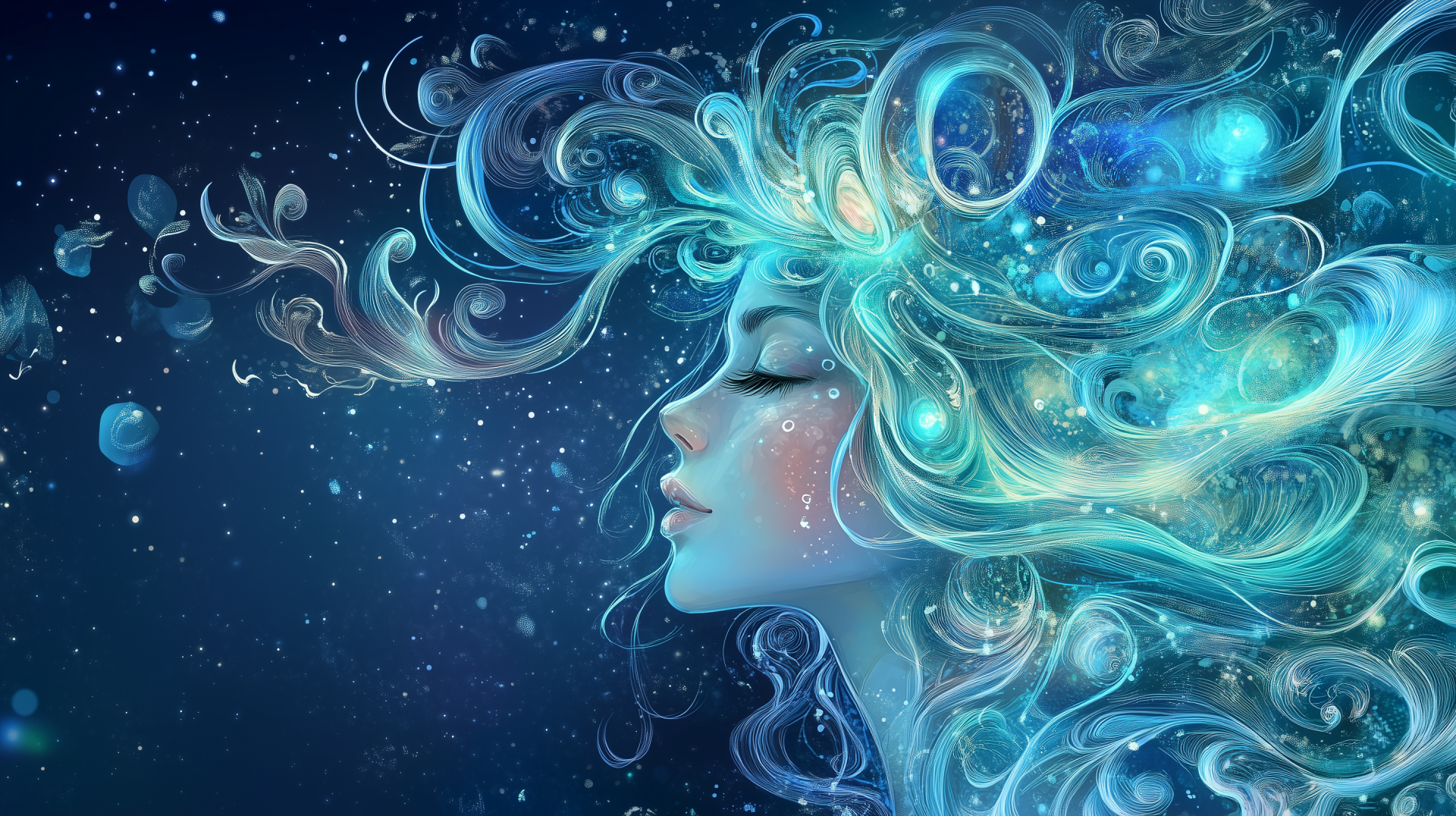 A vibrant HD wallpaper depicting the Aquarius zodiac sign, featuring a serene woman with flowing, cosmic hair against a deep blue background, embodying the essence of astrology.