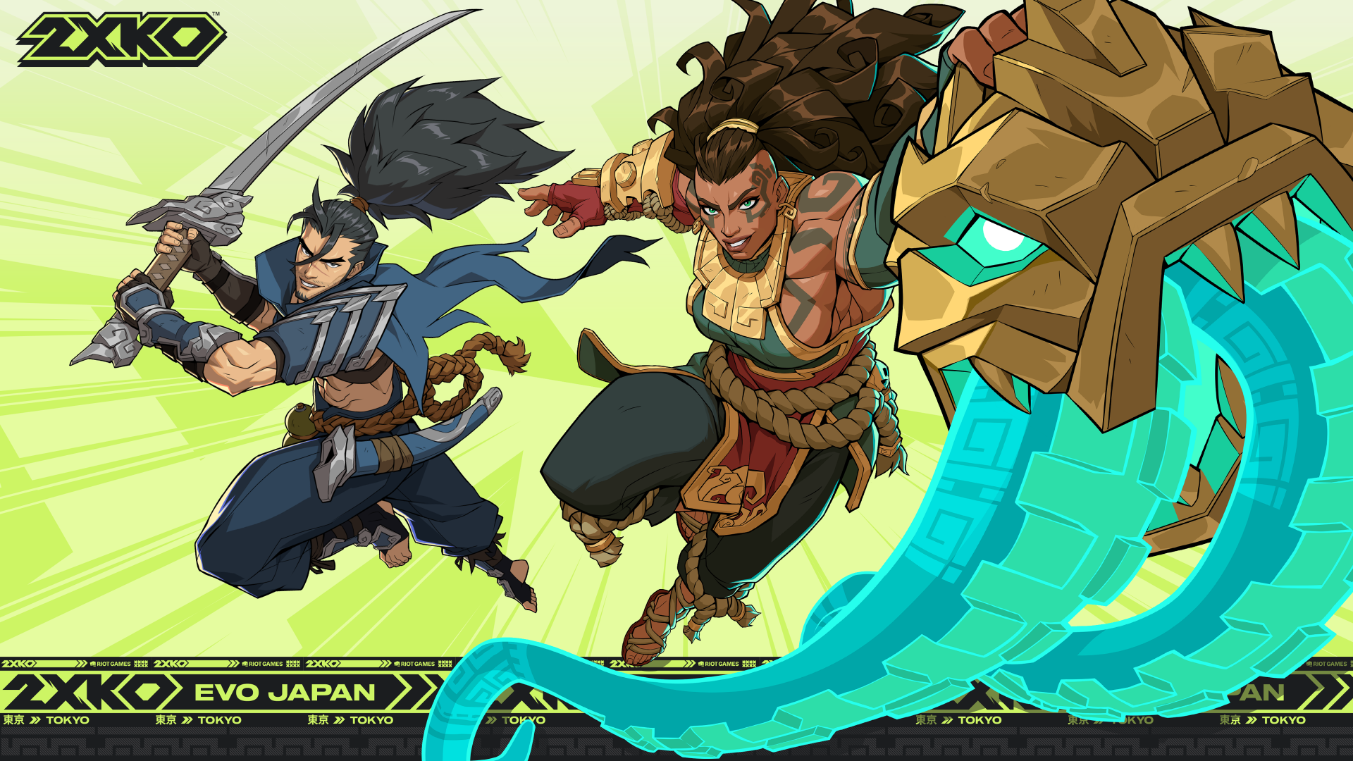 A vibrant 4K Ultra HD wallpaper featuring Illaoi and Yasuo from League of Legends, showcasing their dynamic poses and abilities in a striking, colorful background.