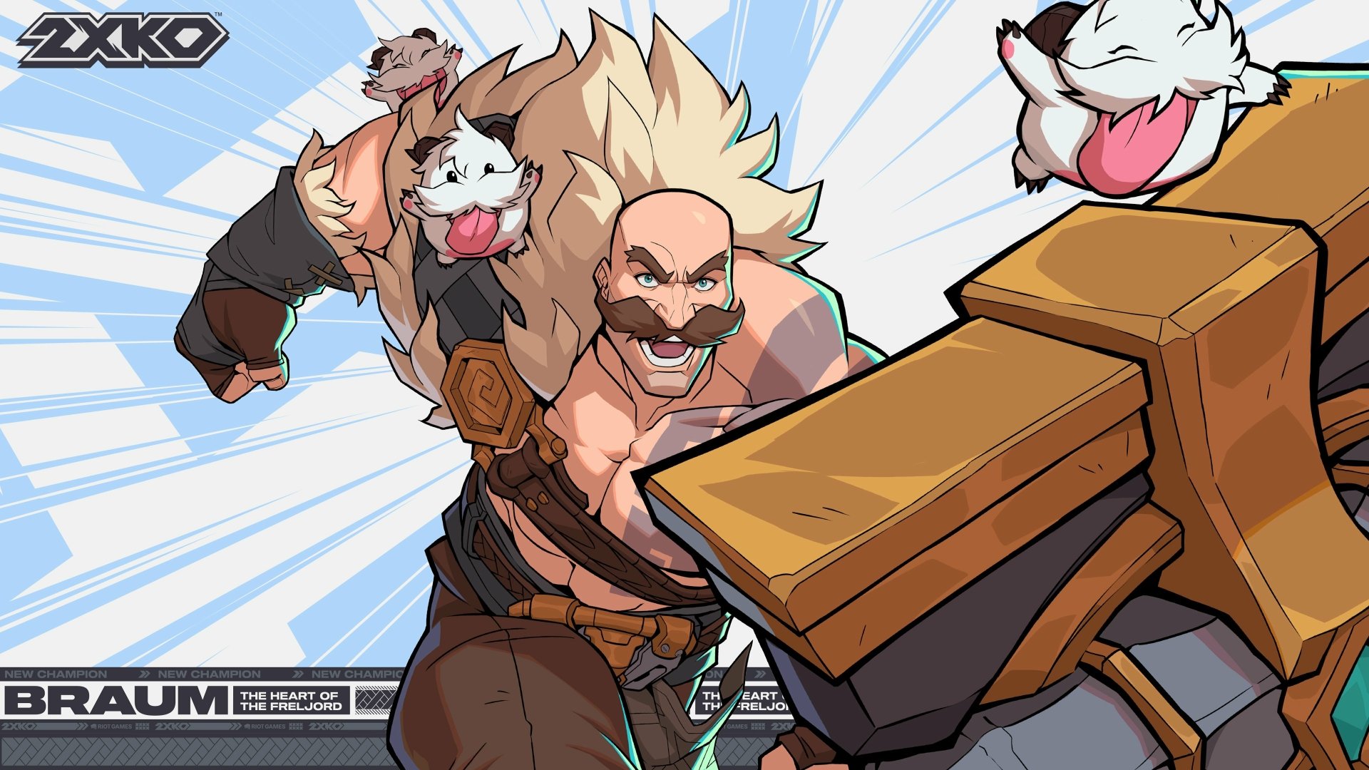 An HD desktop wallpaper featuring Braum from League of Legends, showcasing his powerful presence with playful poros around him, highlighted by vibrant action elements.