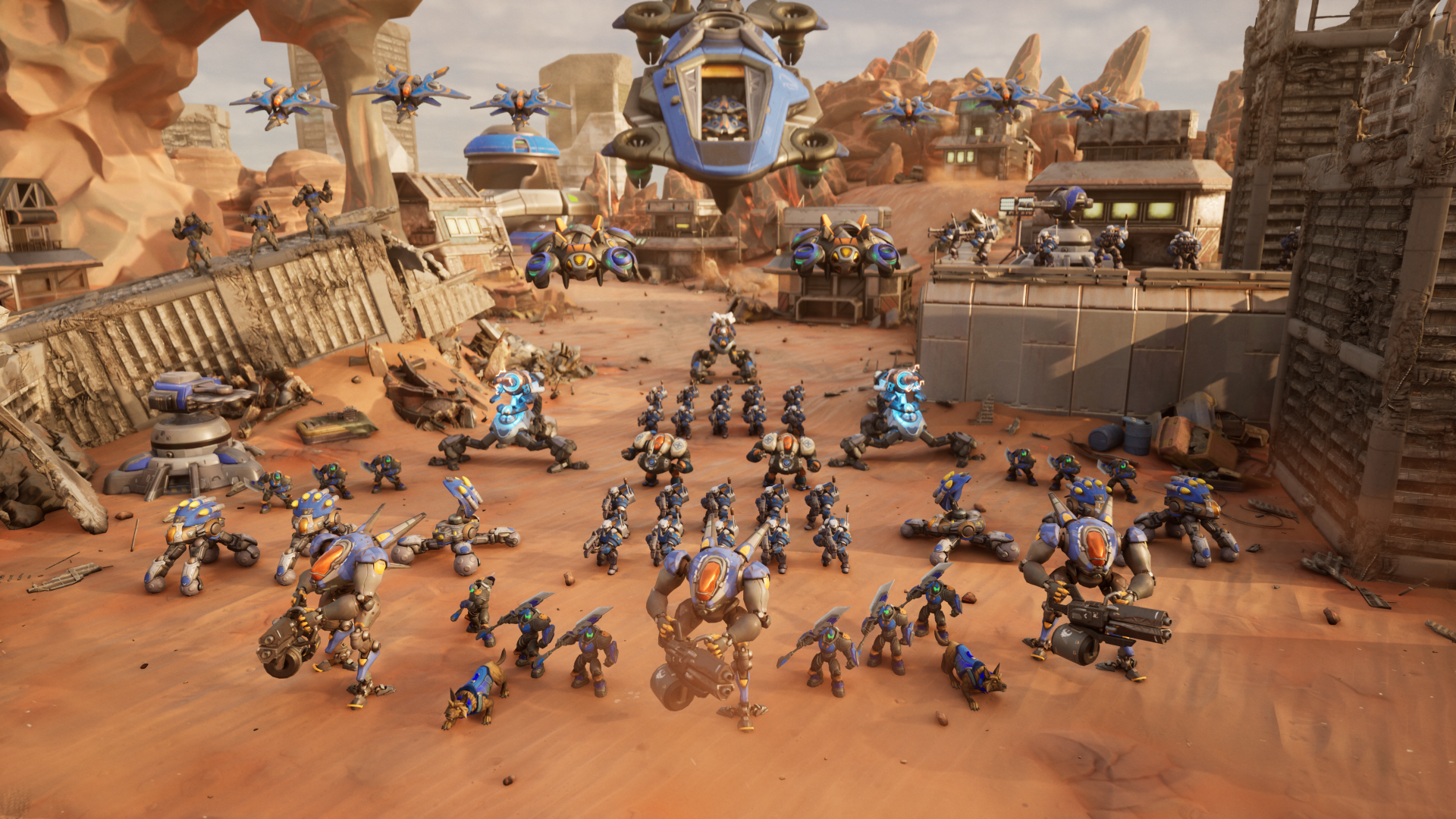 A dynamic scene from the video game Stormgate, featuring an army of futuristic soldiers and machines in a desert landscape, set against a backdrop of detailed structures and skies.