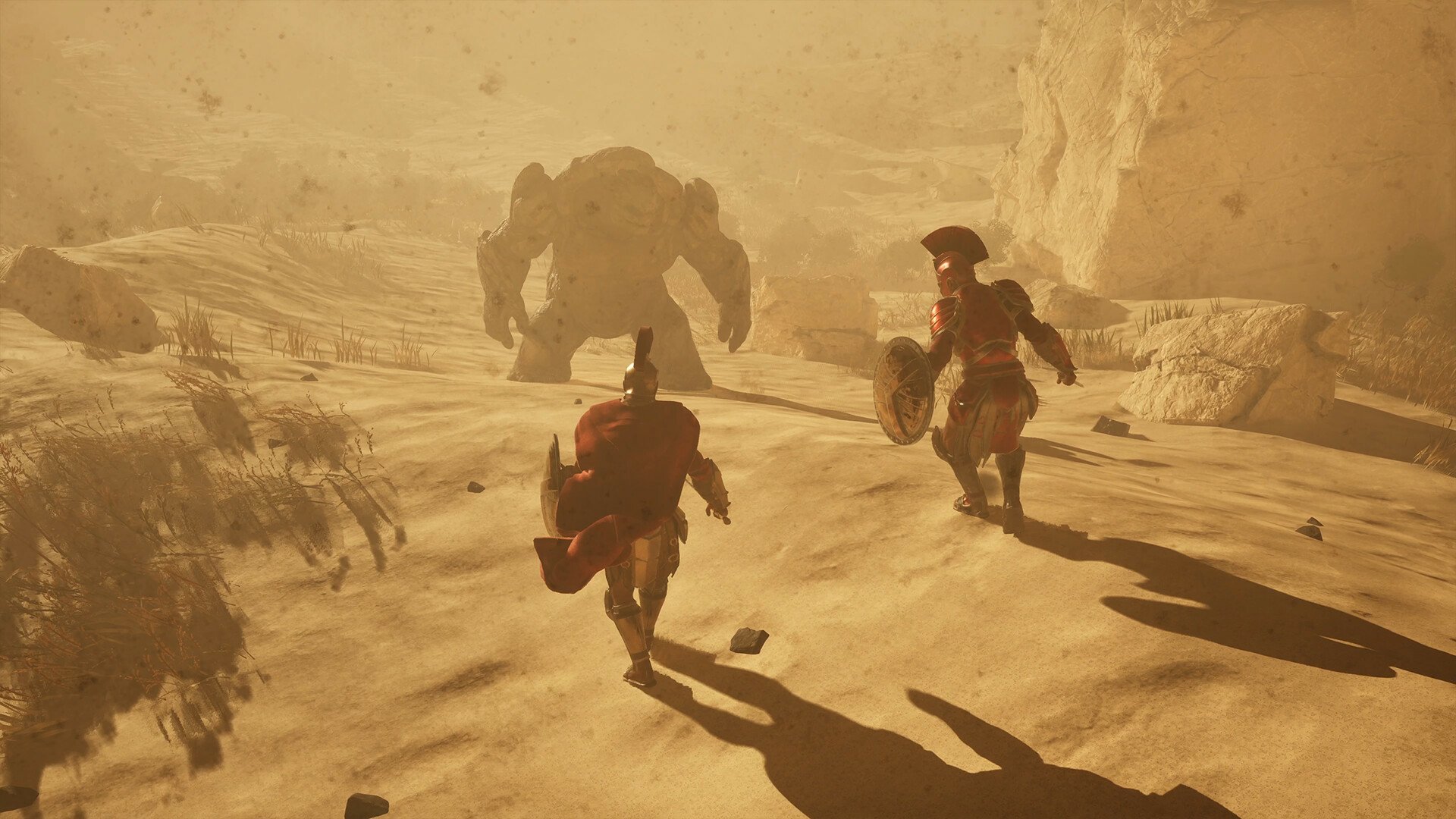 A dramatic HD wallpaper from the video game Dawn of Defiance, showcasing a warrior and a shield-bearer confronting a colossal creature in a dusty, desolate landscape.