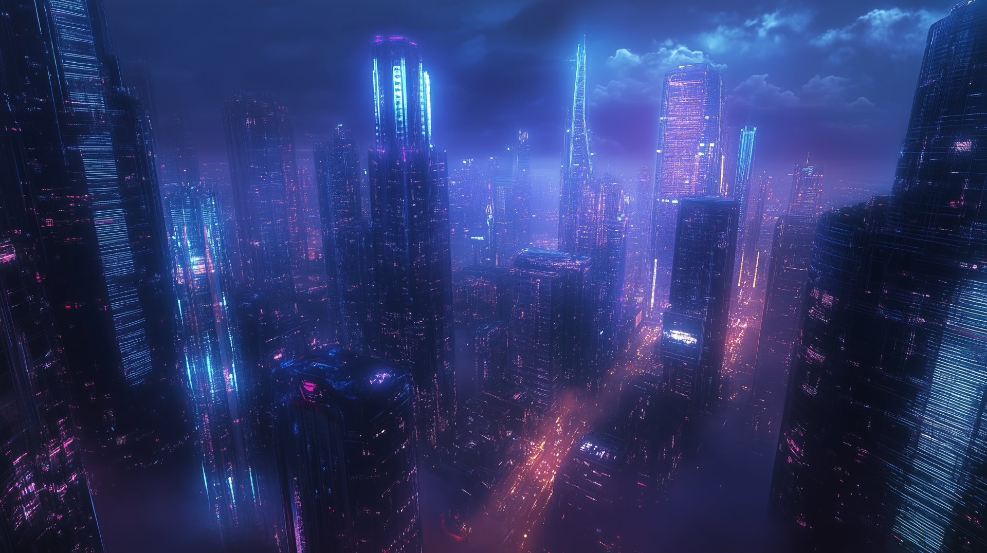 A stunning HD wallpaper featuring a futuristic cityscape, illuminated with vibrant neon lights and shrouded in atmospheric mist, captures the essence of sci-fi landscapes.