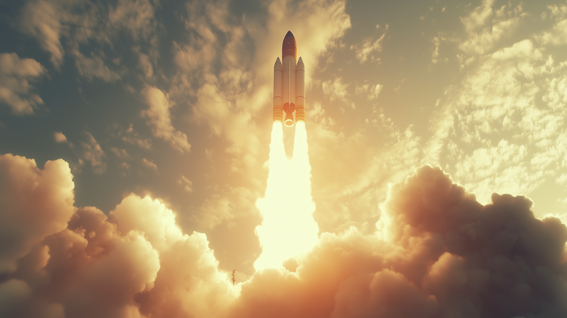 A stunning HD desktop wallpaper featuring a rocket launch, soaring through vibrant clouds and illuminating the sky with powerful flames and bright colors.