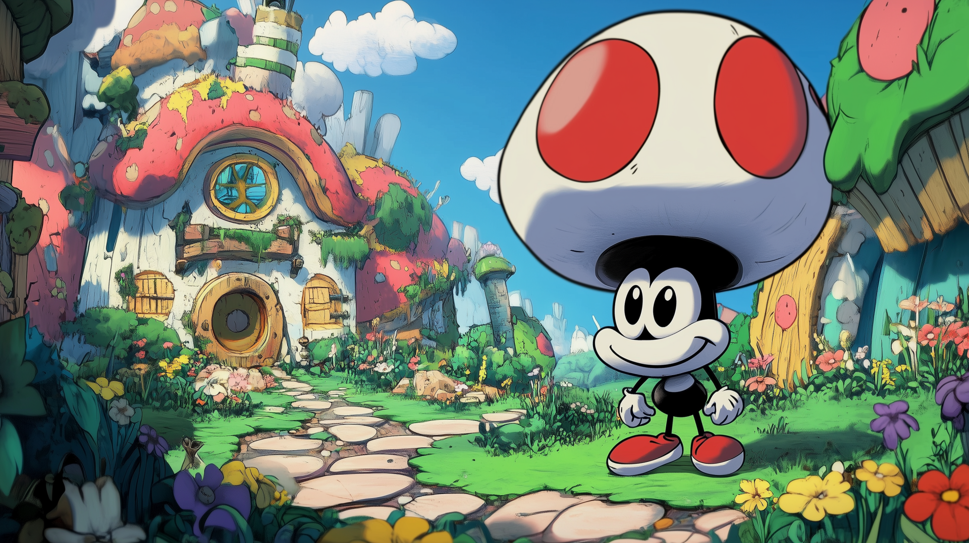 HD desktop wallpaper featuring characters and art from the video game Cuphead, showcasing its unique vintage cartoon style and vibrant colors.