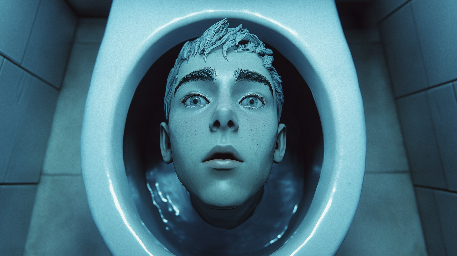 A surreal HD desktop wallpaper featuring a sculpted head emerging from a toilet, embodying the unique aesthetic of skibidi toilet culture.