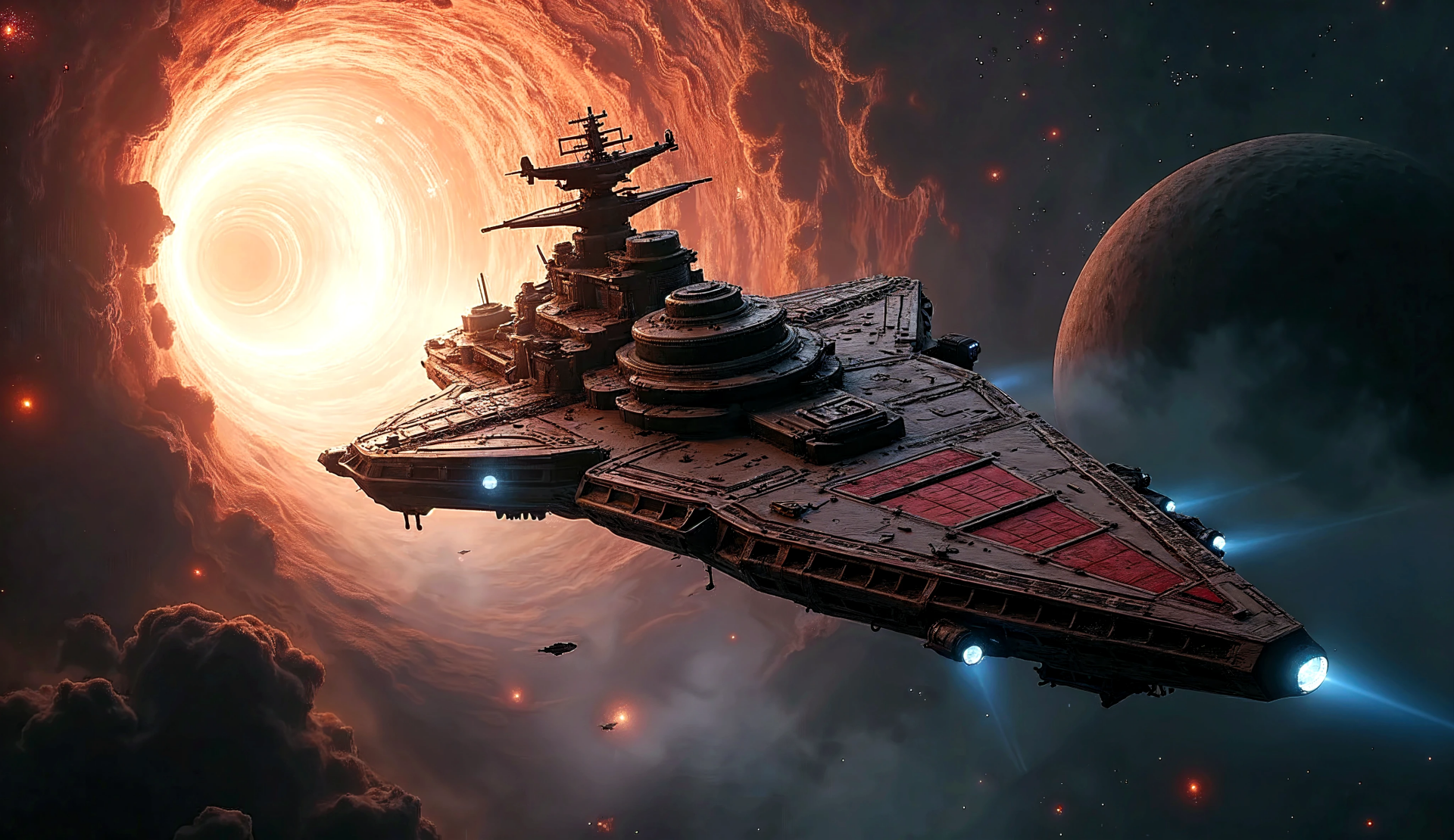 4K Ultra HD Sci-Fi desktop wallpaper featuring a massive spaceship approaching a glowing wormhole in deep space with a distant planet in the background.