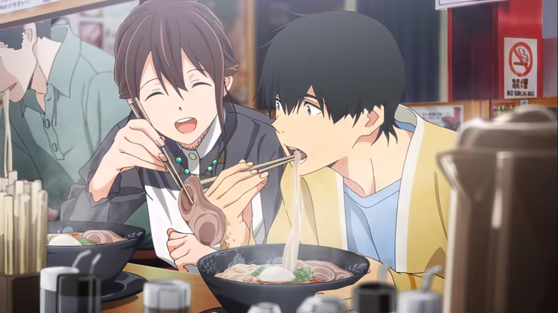 A vibrant HD desktop wallpaper featuring Haruki Shiga and Sakura Yamauchi from I Want To Eat Your Pancreas, enjoying a meal together with bowls of ramen in a cozy setting.