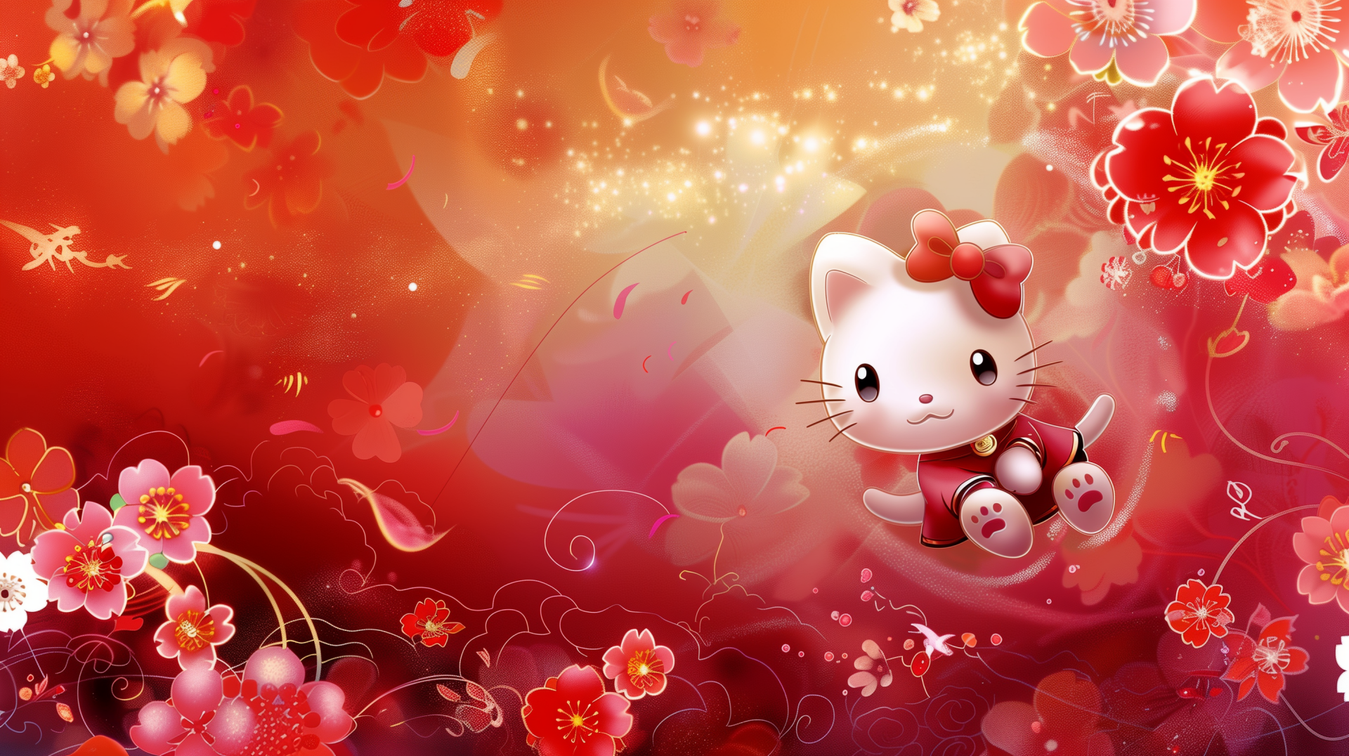A vibrant HD desktop wallpaper featuring Hello Kitty, a beloved character from Sanrio, showcasing its signature cute and playful style in an anime-inspired design.