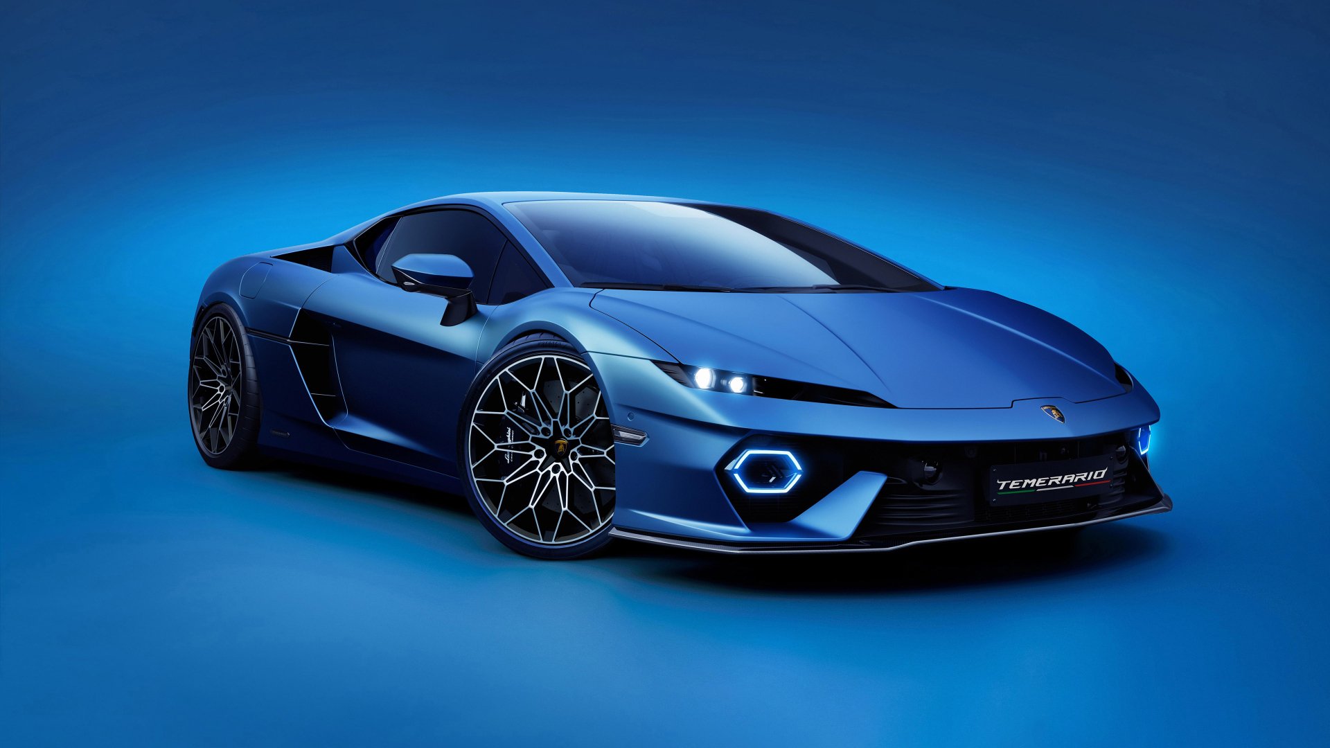 A stunning blue Lamborghini Temerario parked against a vibrant blue background, showcasing its sleek design and modern features in a 4K Ultra HD wallpaper.
