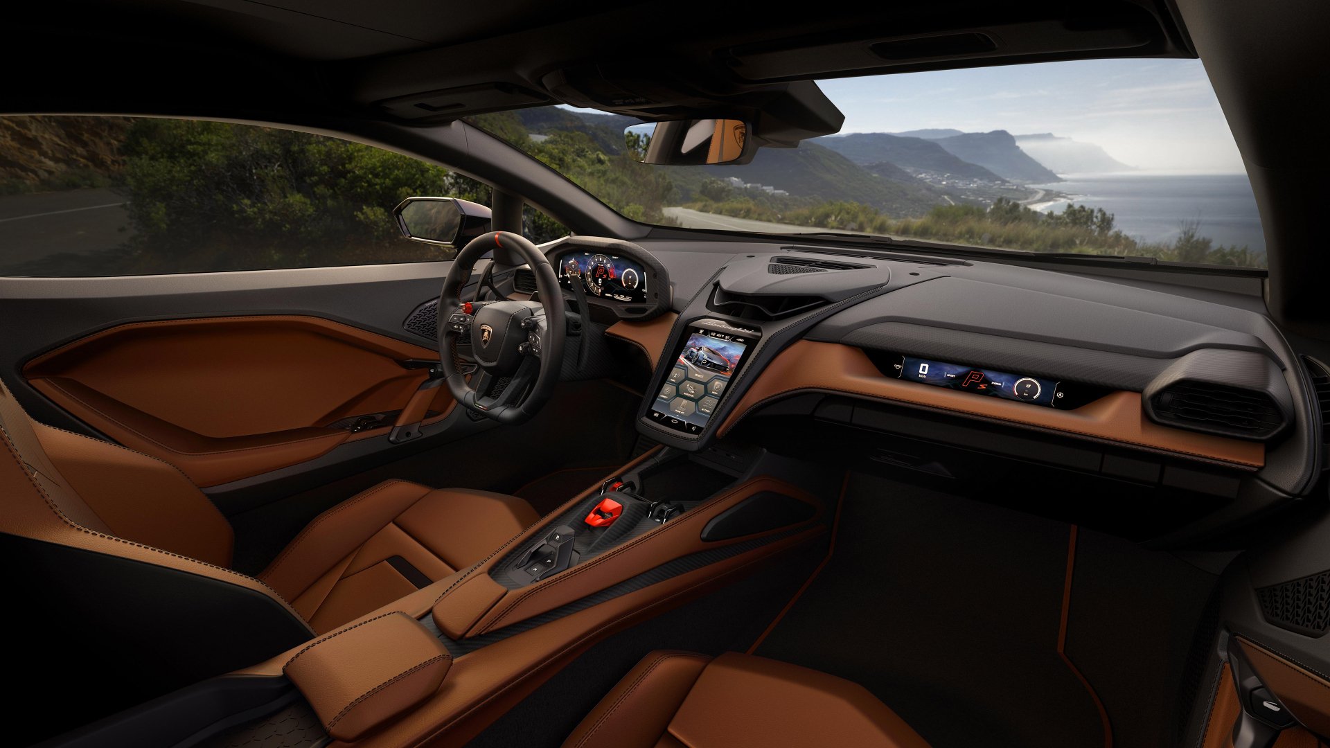 An HD wallpaper showcasing the luxurious interior of a Lamborghini Temerario, featuring sleek designs and high-tech dashboard elements against a scenic backdrop.