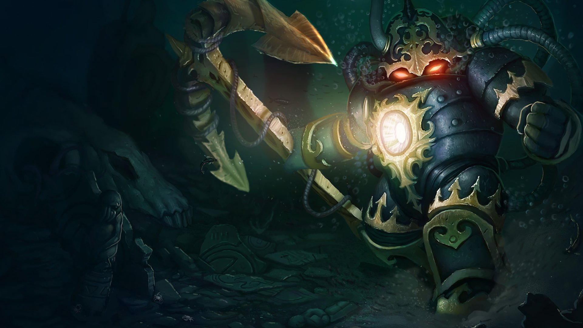 HD desktop wallpaper featuring Nautilus from League of Legends, showcasing the character's iconic design and vibrant colors in a dynamic video game setting.