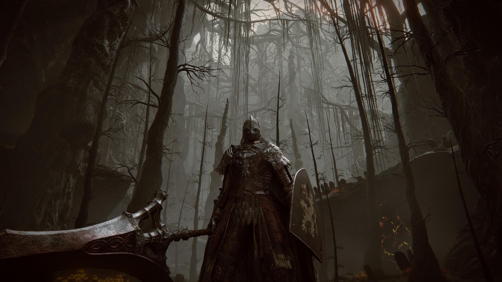 An HD desktop wallpaper featuring a knight wielding a spear, inspired by the video game Elden Ring, capturing the game's epic and adventurous atmosphere.