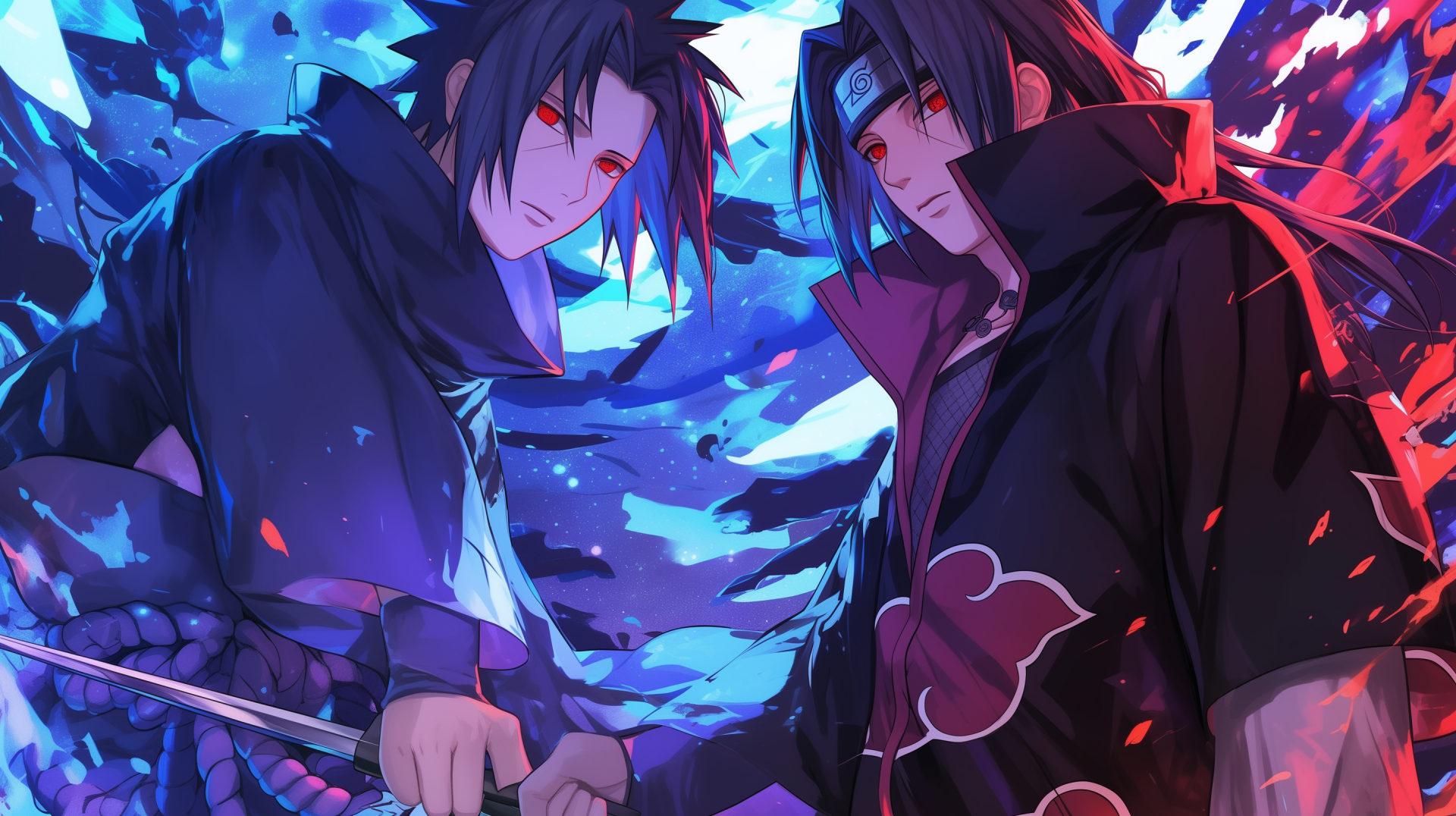 HD desktop wallpaper featuring Itachi Uchiha and Sasuke Uchiha from Naruto, highlighting the Uchiha Clan. A striking representation for fans of the series.