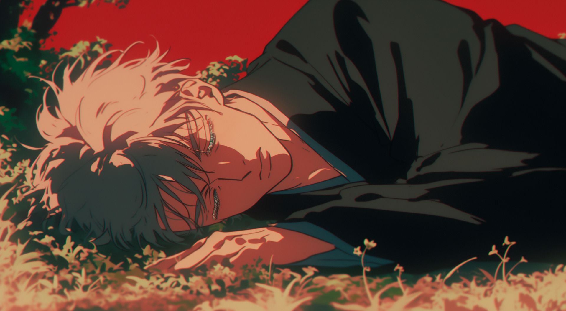 A melancholic Satoru Gojo from Jujutsu Kaisen lies on the ground, surrounded by grass, set against a striking red background. This HD wallpaper captures a poignant moment in anime.