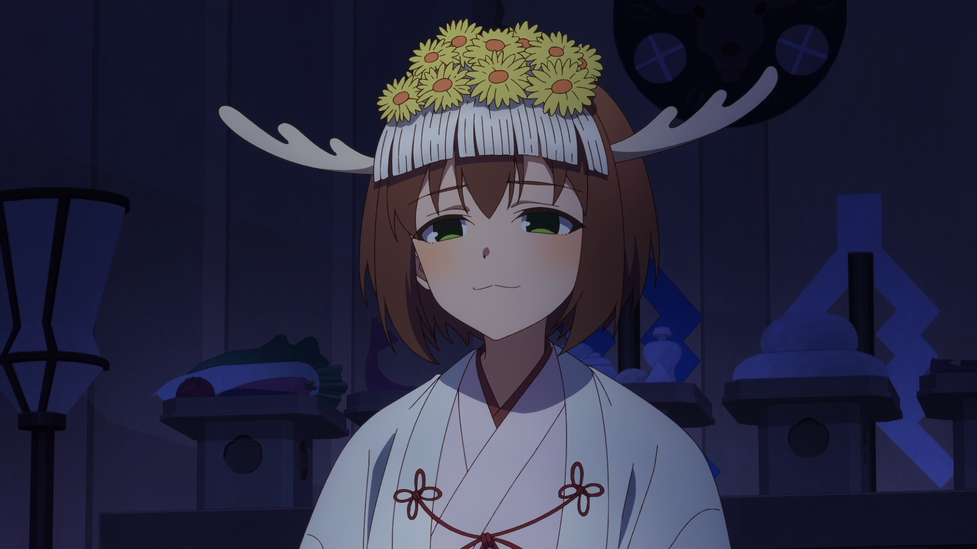 Anime-style HD desktop wallpaper featuring My Deer Friend Nokotan, also known as Noko Shikanoko, with antlers and a flower crown in a dimly lit room.
