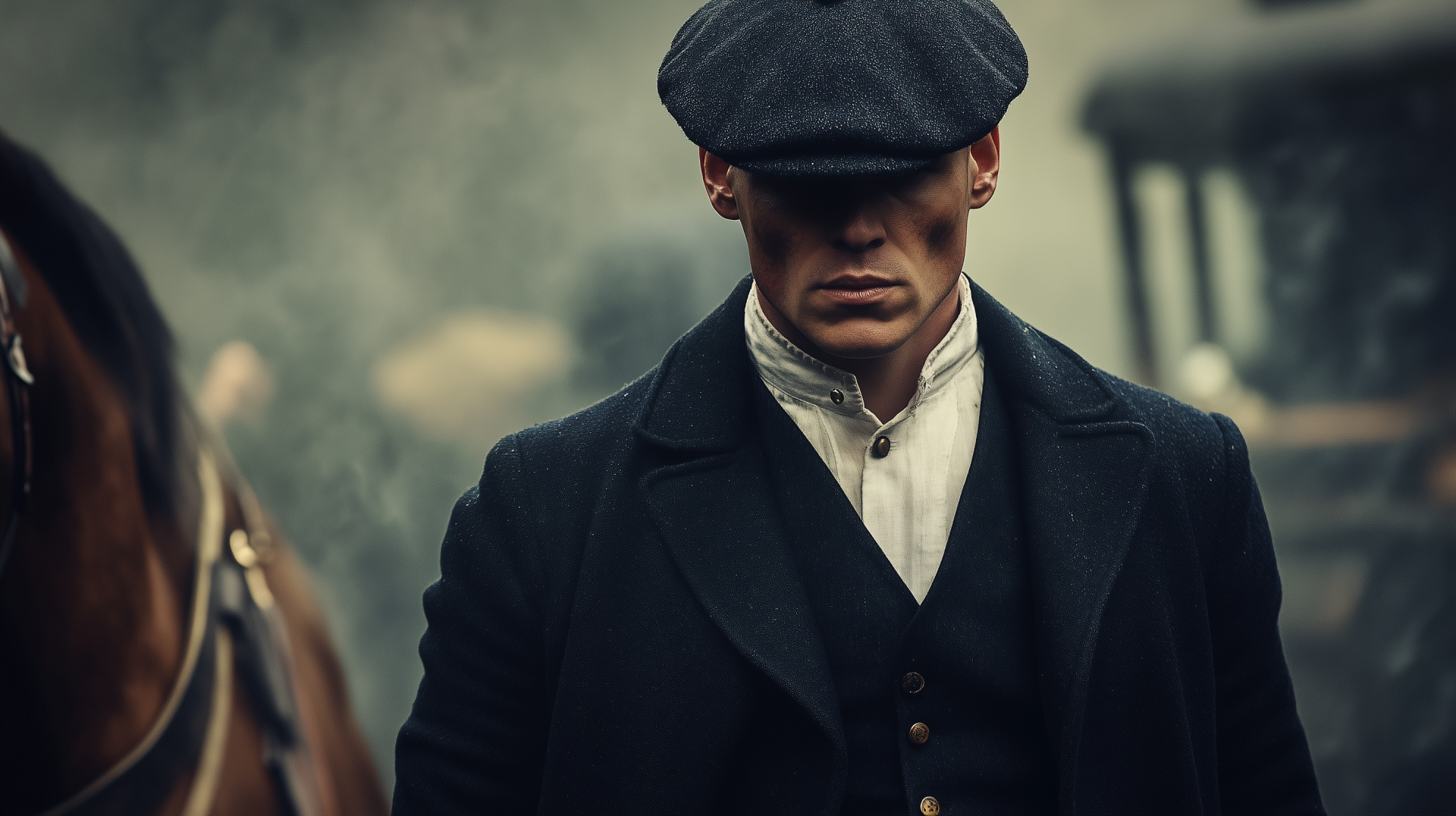 A brooding character from the TV show Peaky Blinders wears a beret, walking through a misty scene with a vintage horse-drawn carriage in the background. HD wallpaper.