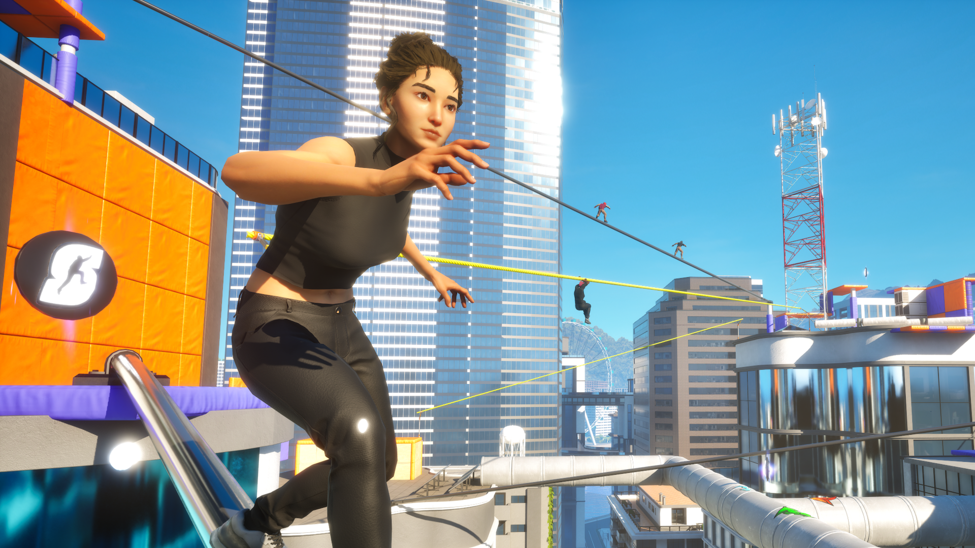 A character performs an action-packed supermove across a tightrope in a vibrant, high-rise cityscape, showcasing dynamic gameplay in this HD desktop wallpaper.