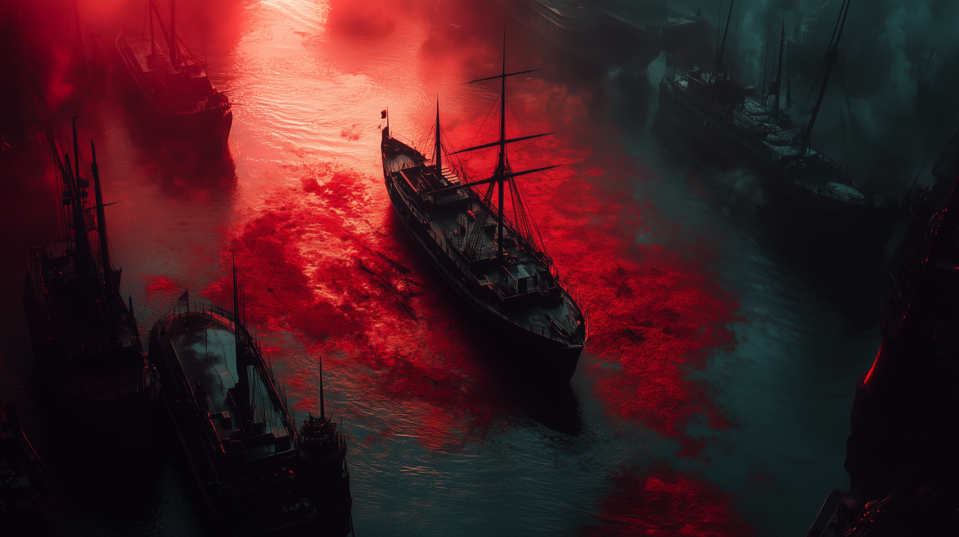 A boat sails on a red lake surrounded by dark landscape, presented as an HD PC desktop wallpaper created with AI art.