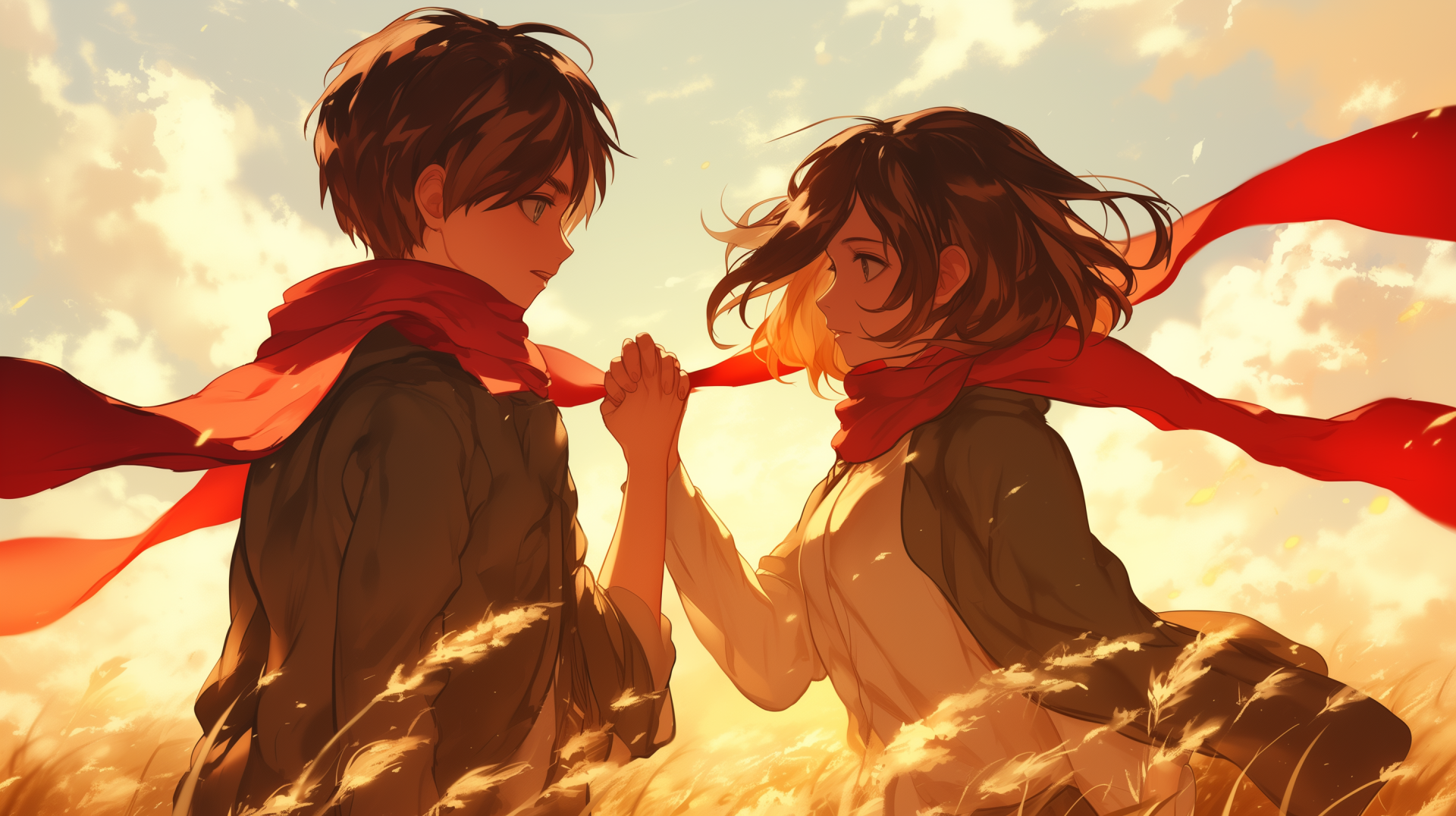 HD wallpaper featuring Eren Yeager and Mikasa Ackerman from Attack on Titan, capturing their bond and themes of love in a dynamic anime style.