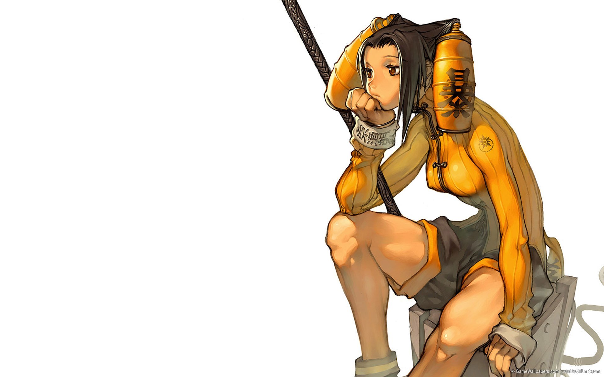 HD PC desktop wallpaper of a crouching female character from the video game Magna Carta, wearing orange armor and holding a long spear against a white background.