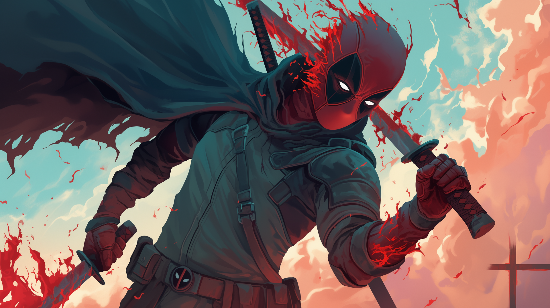 HD desktop wallpaper featuring Deadpool wielding swords, surrounded by a vibrant, fiery background, showcasing the comic character's dynamic and bold style.