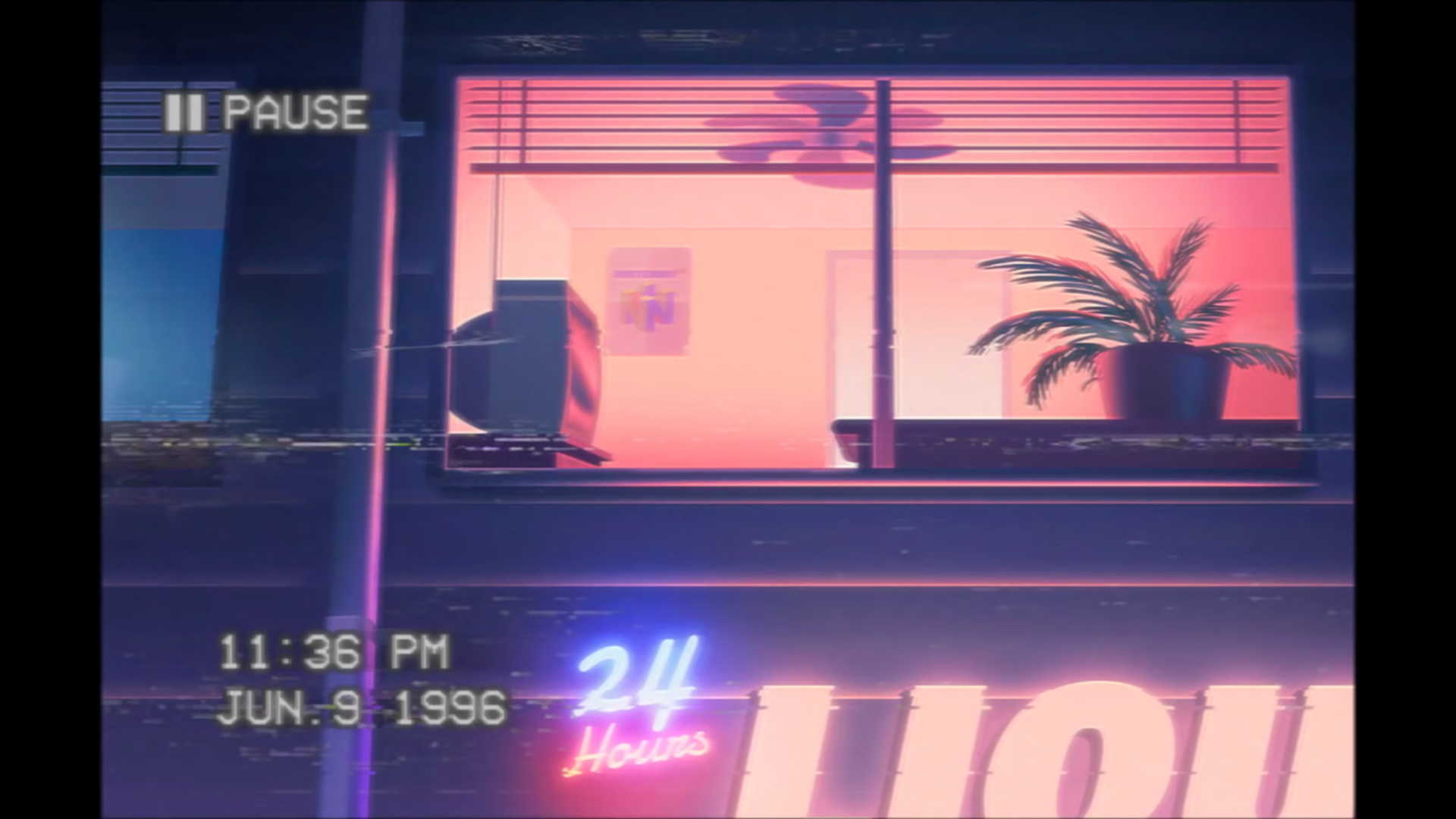 A vibrant HD wallpaper featuring a cozy Y2K vaporwave scene with neon lights, showcasing a window view and retro decor, capturing a nostalgic nighttime vibe.