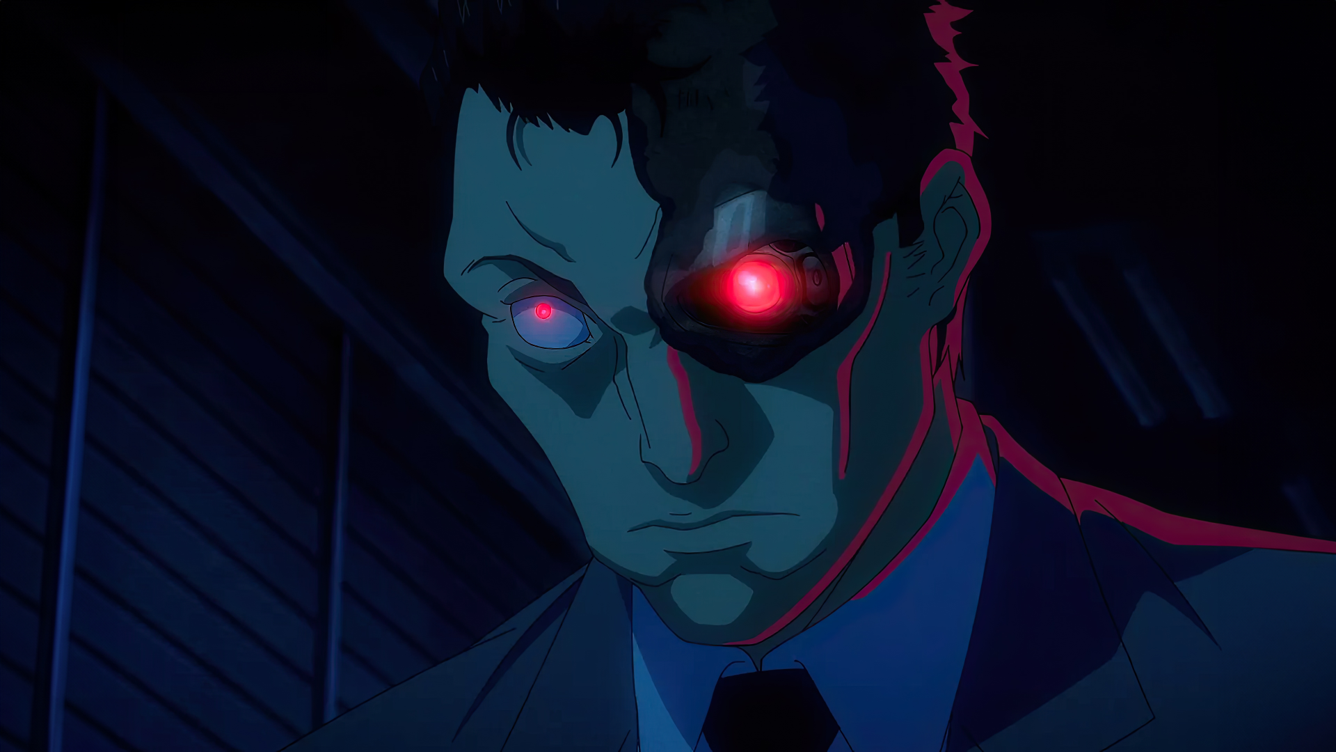 Anime-inspired HD desktop wallpaper featuring a character from Terminator Zero, showcasing a cyborg with a glowing red eye against a dark backdrop.