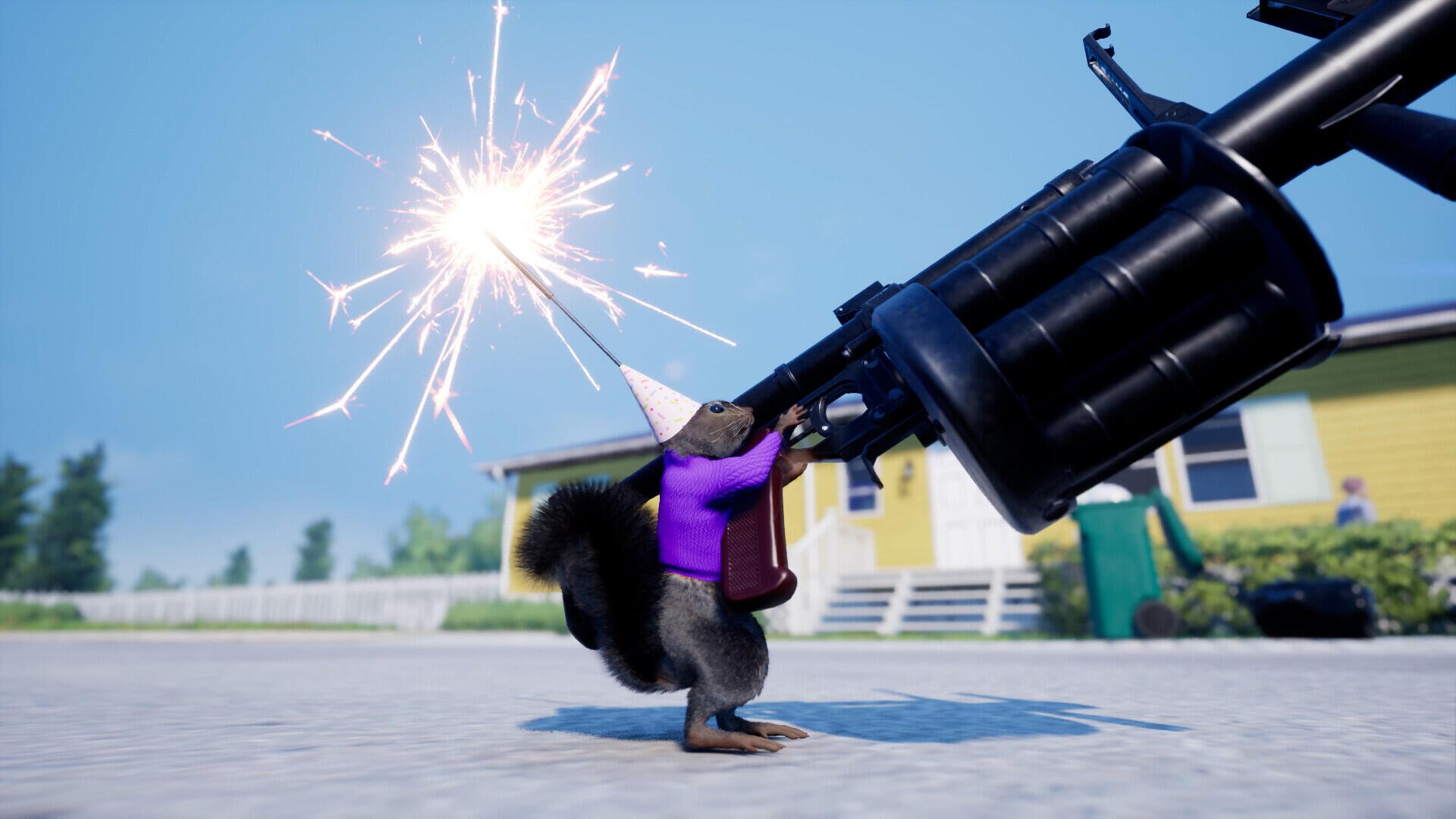 A quirky HD PC wallpaper featuring a squirrel in a purple shirt wielding a large gun, with spark effects, capturing the playful essence of the video game Squirrel with a Gun.
